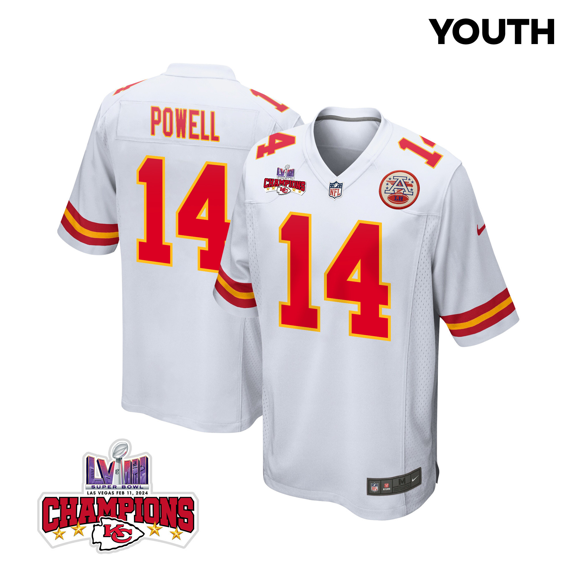 Cornell Powell 14 Kansas City Chiefs Super Bowl LVIII Champions 4 Stars Patch Game White NFL Jersey Youth