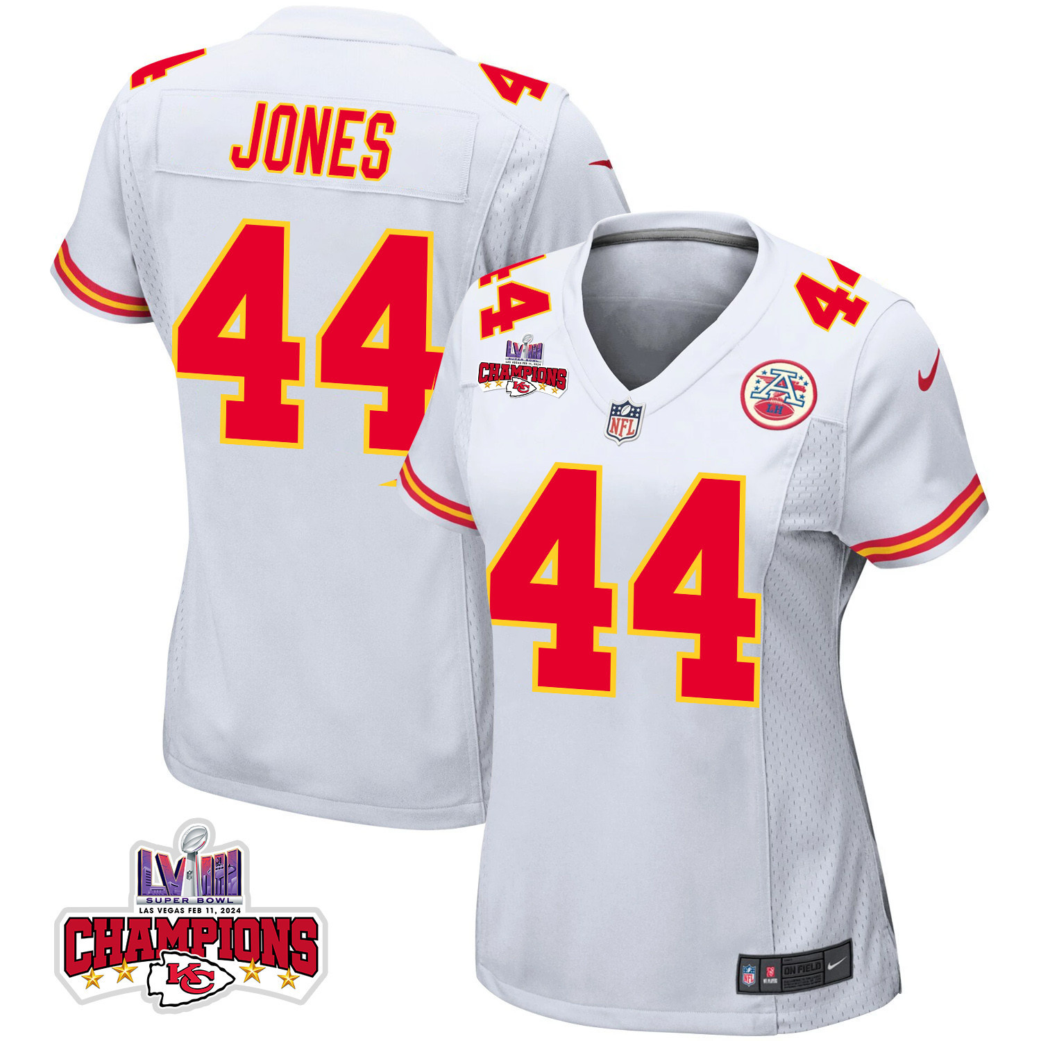 Cam Jones 44 Kansas City Chiefs Super Bowl LVIII Champions 4 Stars Patch Game White NFL Jersey Women's