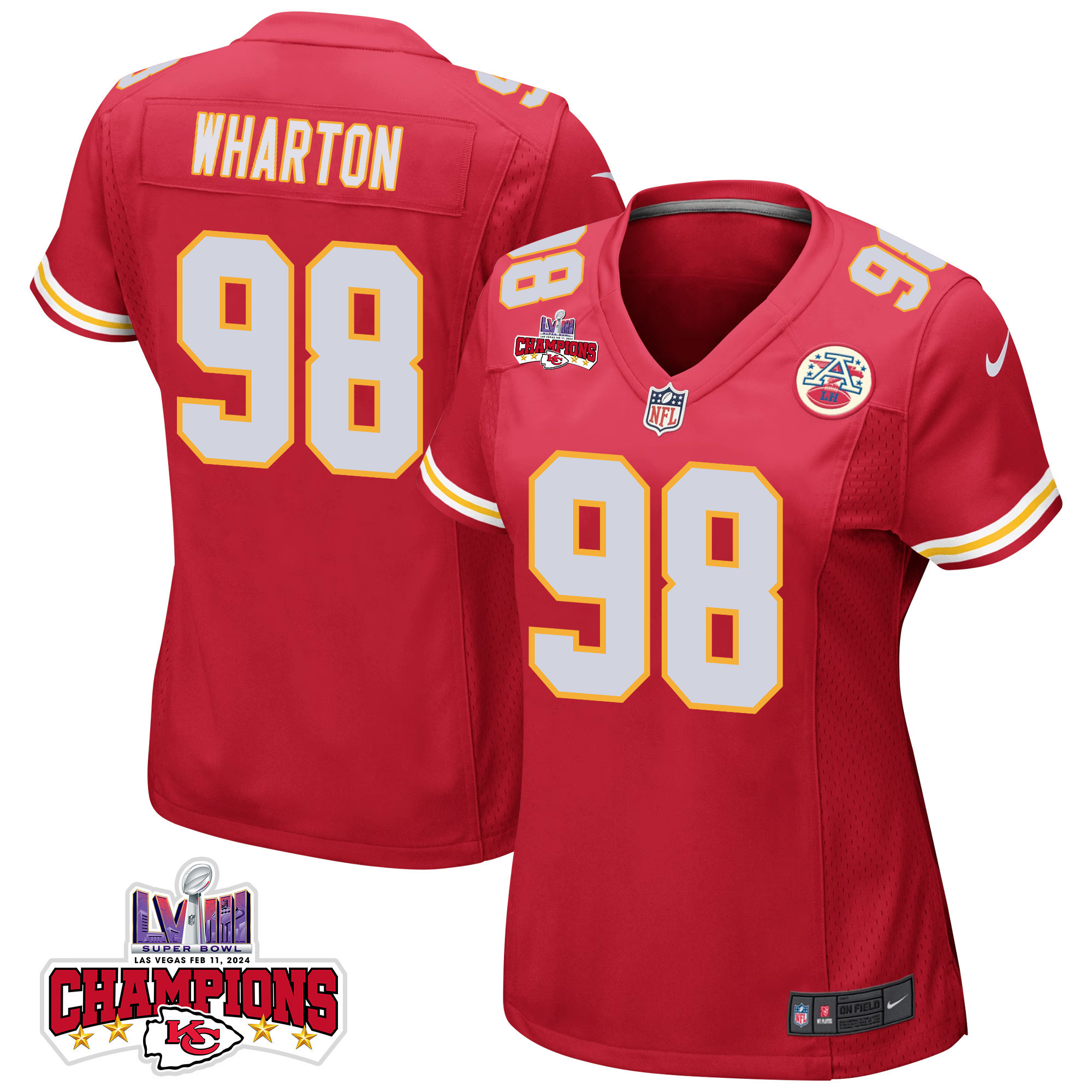 Tershawn Wharton 98 Kansas City Chiefs Super Bowl LVIII Champions 4 Stars Patch Game Red NFL Jersey Women's