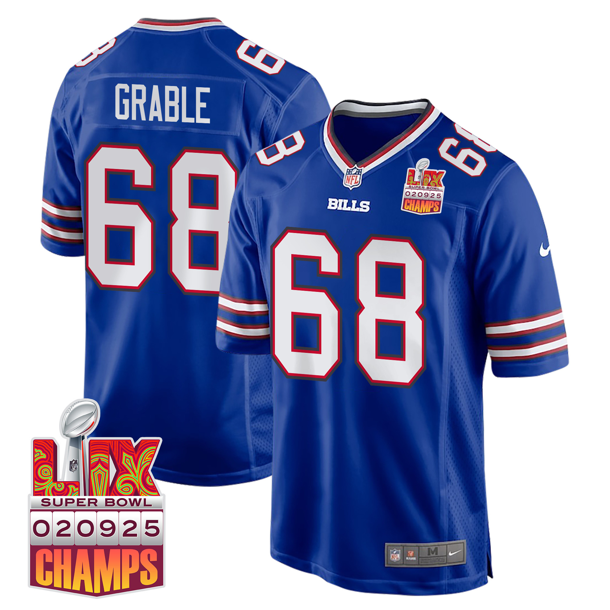 Tylan Grable 68 Buffalo Bills Super Bowl LIX Champions Patch Game Royal NFL Jersey Men's