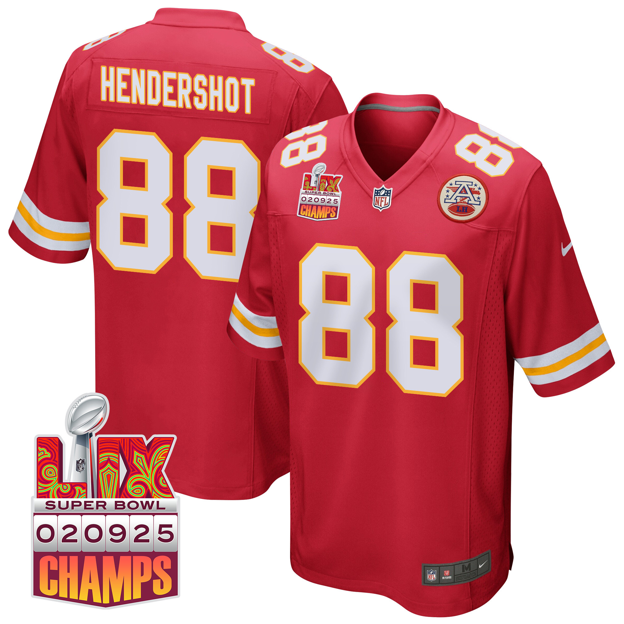 Peyton Hendershot 88 Kansas City Chiefs Super Bowl LIX Champions Patch Game Red NFL Jersey Men's