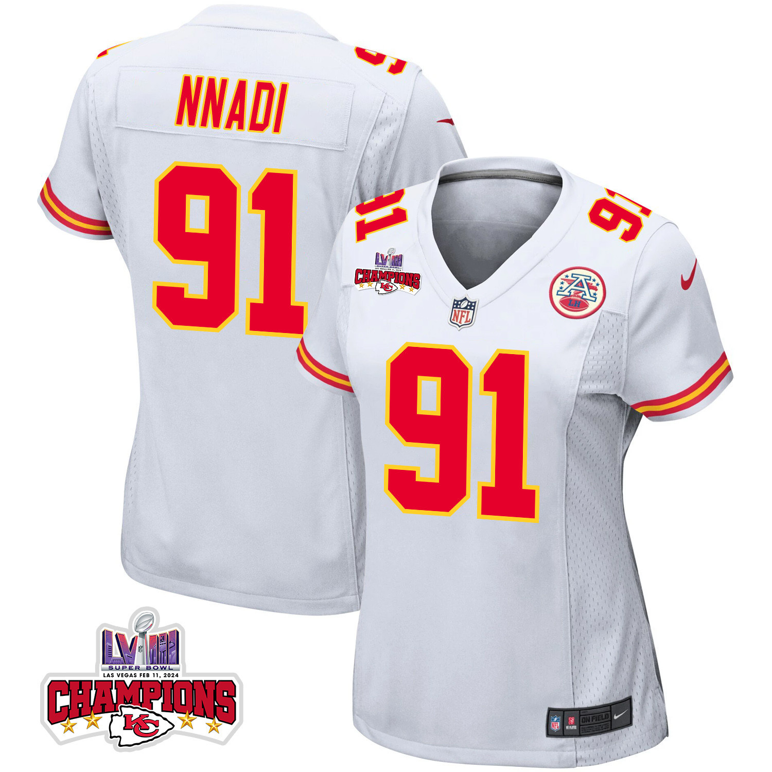 Derrick Nnadi 91 Kansas City Chiefs Super Bowl LVIII Champions 4 Stars Patch Game White NFL Jersey Women's