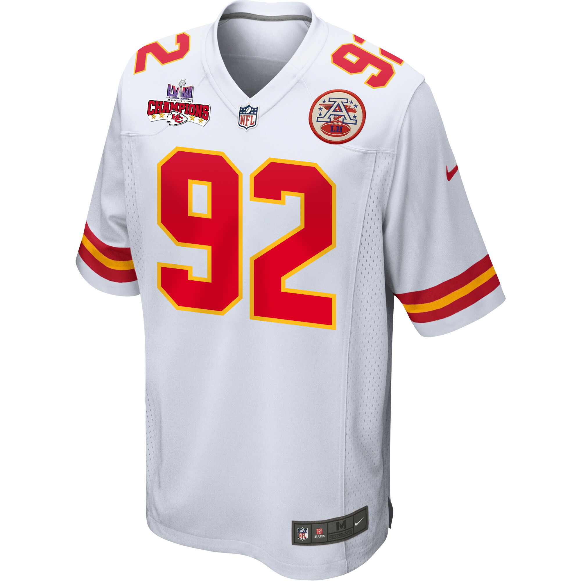 Neil Farrell 92 Kansas City Chiefs Super Bowl LVIII Champions 4 Stars Patch Game White NFL Jersey Men's