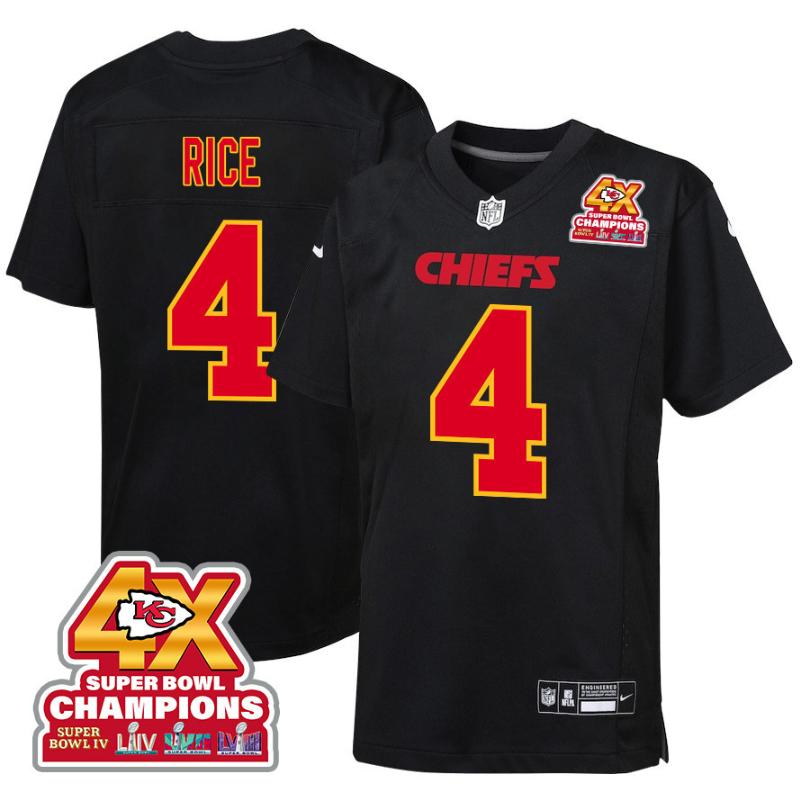Rashee Rice 4 Kansas City Chiefs Super Bowl LVIII Champions 4X Fashion Game Carbon Black NFL Jersey Youth