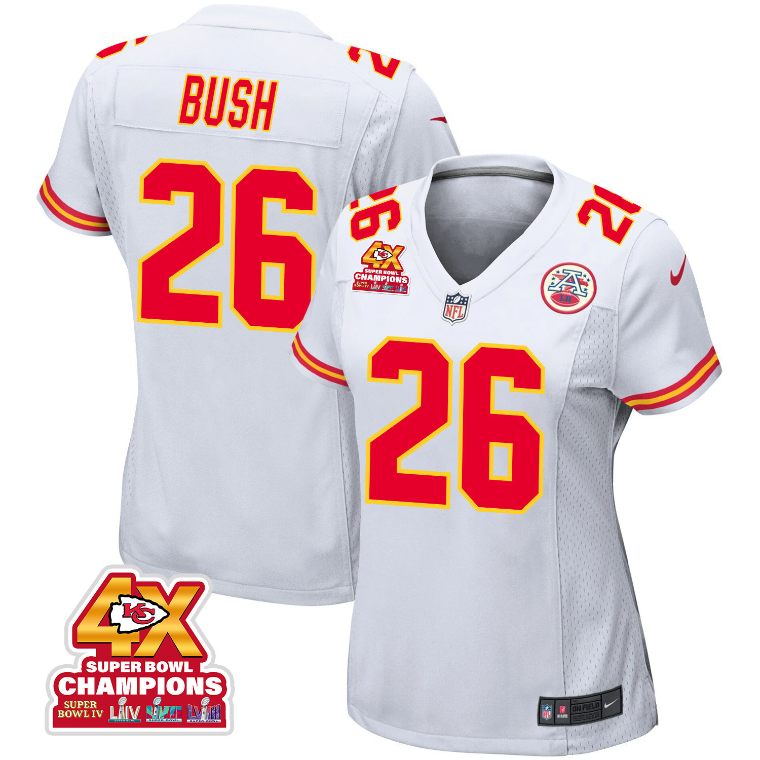 Deon Bush 26 Kansas City Chiefs Super Bowl LVIII Champions 4X Game White NFL Jersey Women's