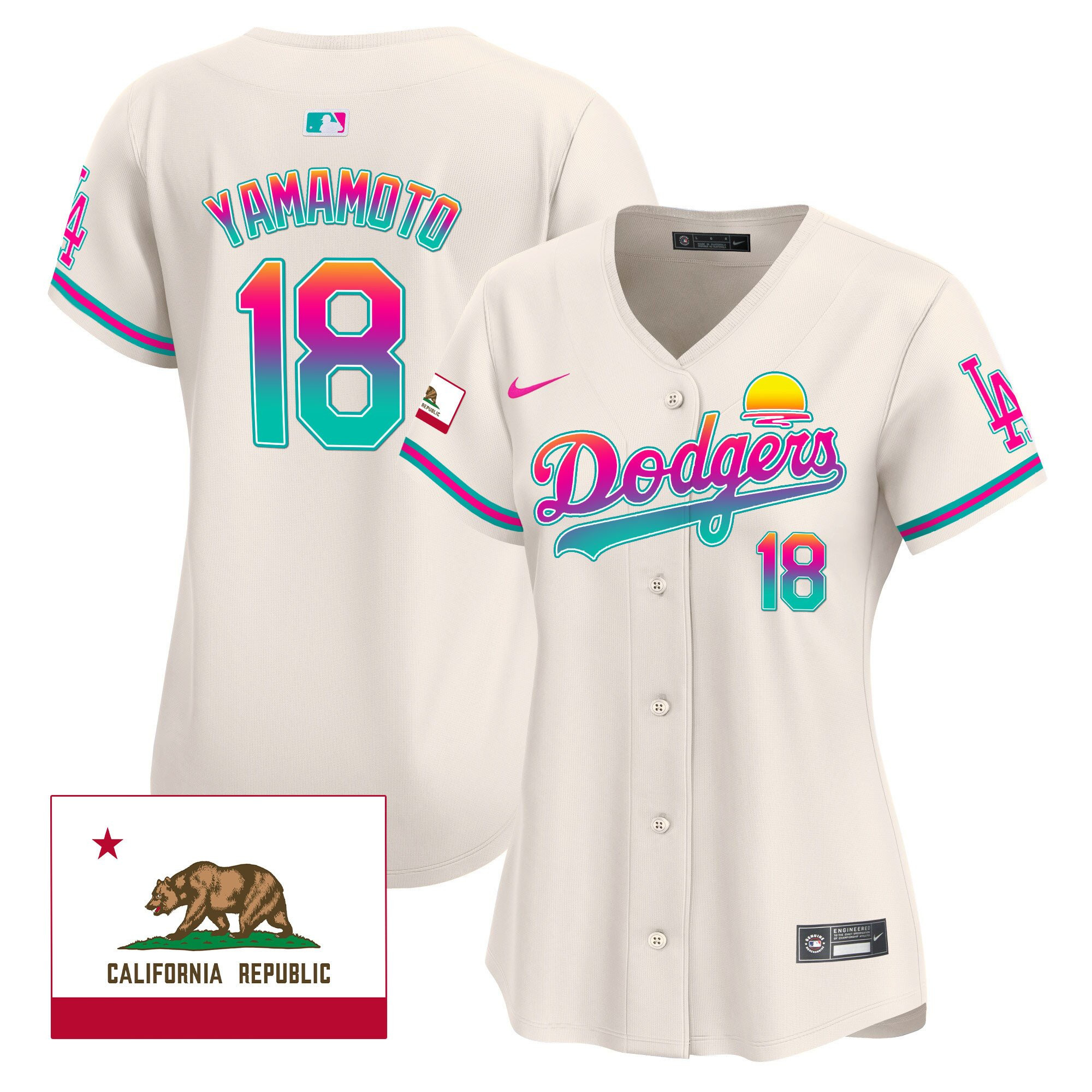 Yoshinobu Yamamoto 18 Los Angeles Dodgers 2024 Los Angeles City Style California Republic Patch Cream MLB Jersey Women's