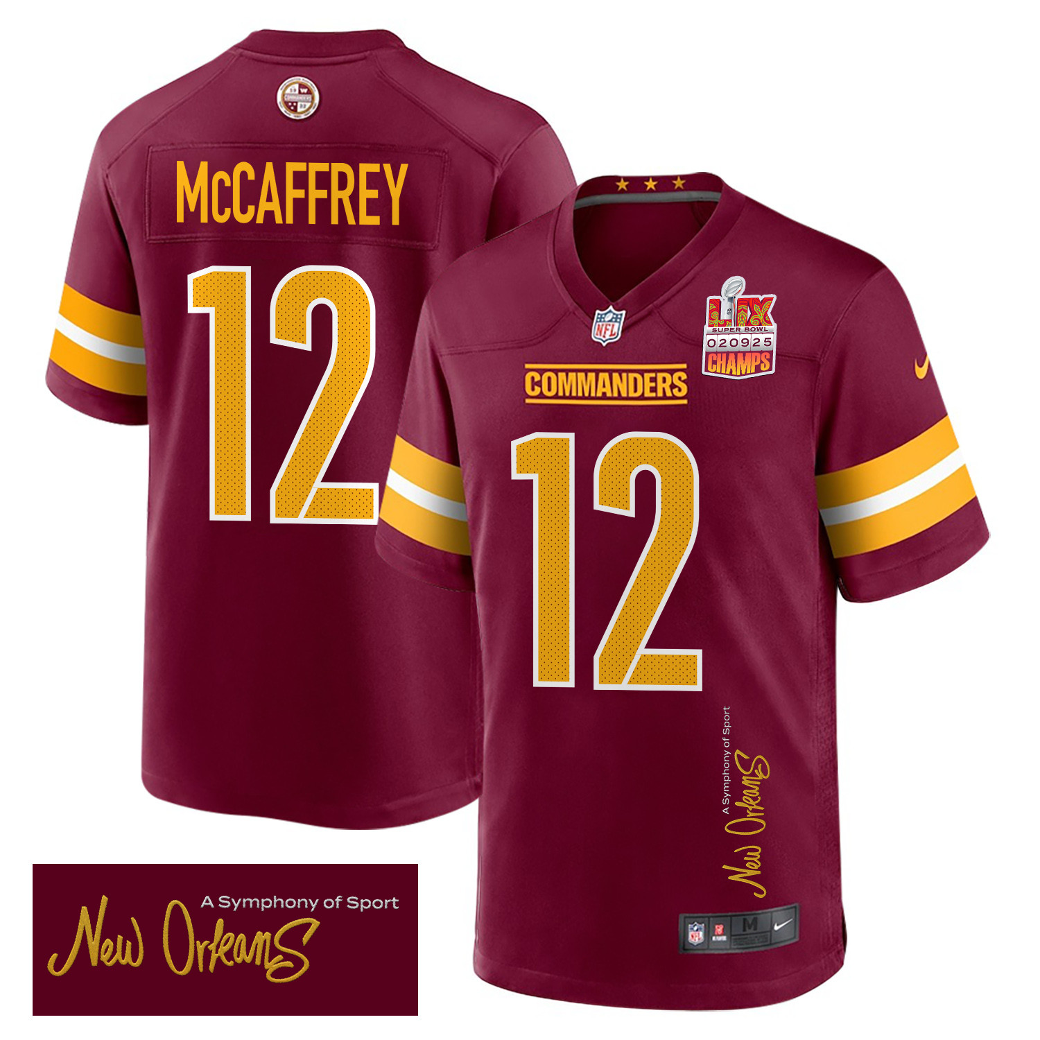 Luke McCaffrey 12 Washington Commanders Super Bowl LIX Champions Patch New Orleans A Symphony of Sport' EMBROIDERED Game Burgundy NFL Jersey Men's