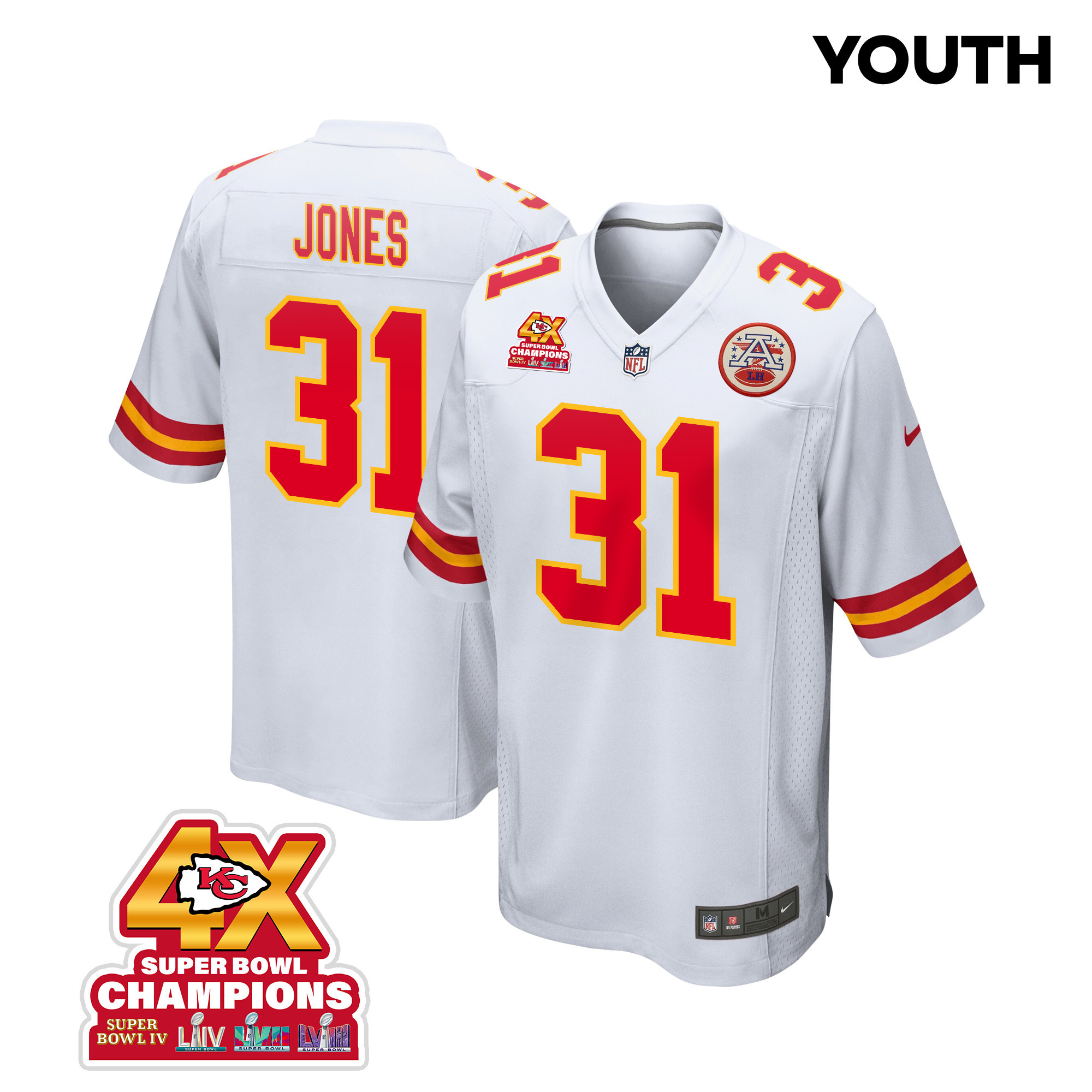 Nic Jones 31 Kansas City Chiefs Super Bowl LVIII Champions 4X Game White NFL Jersey Youth
