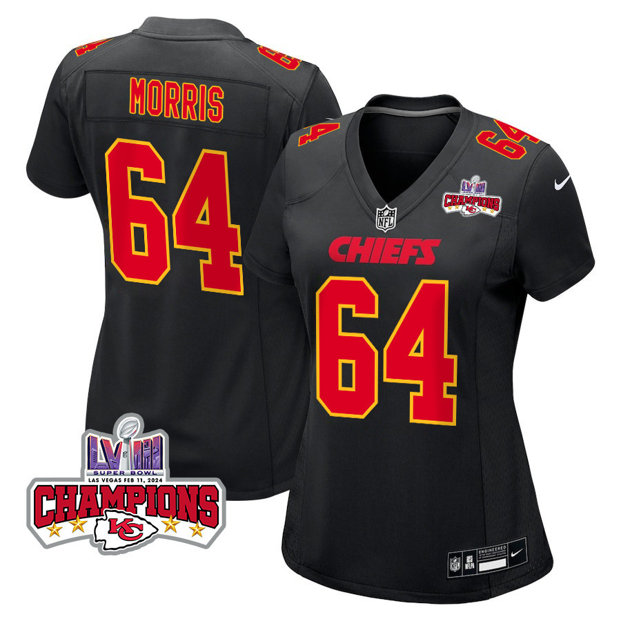 Wanya Morris 64 Kansas City Chiefs Super Bowl LVIII Champions 4 Stars Patch Fashion Game Carbon Black NFL Jersey Women's