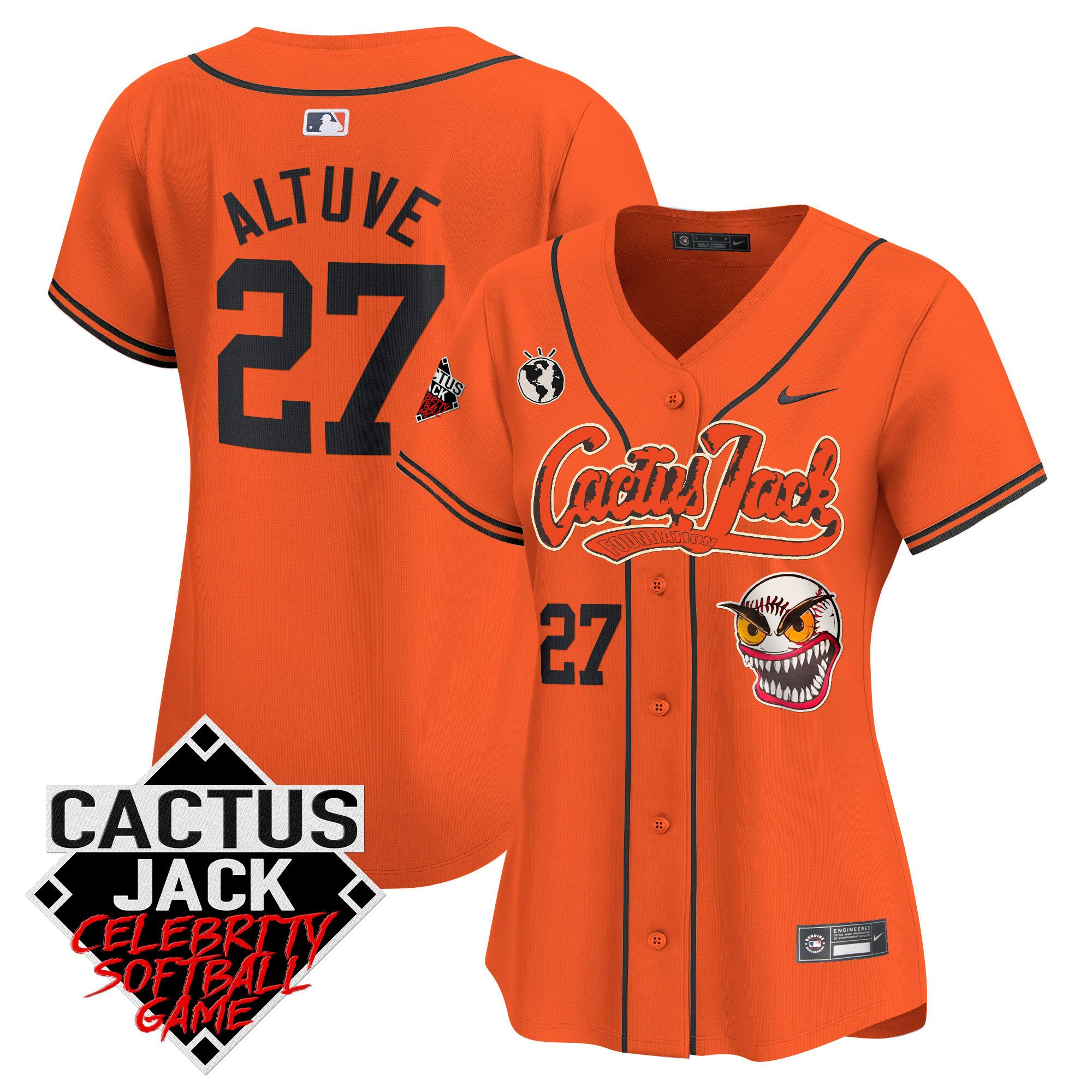 Jose Altuve 27 Houston Astros Cactus Jack Celebrity Softball Game Patch Orange MLB Jersey Women's