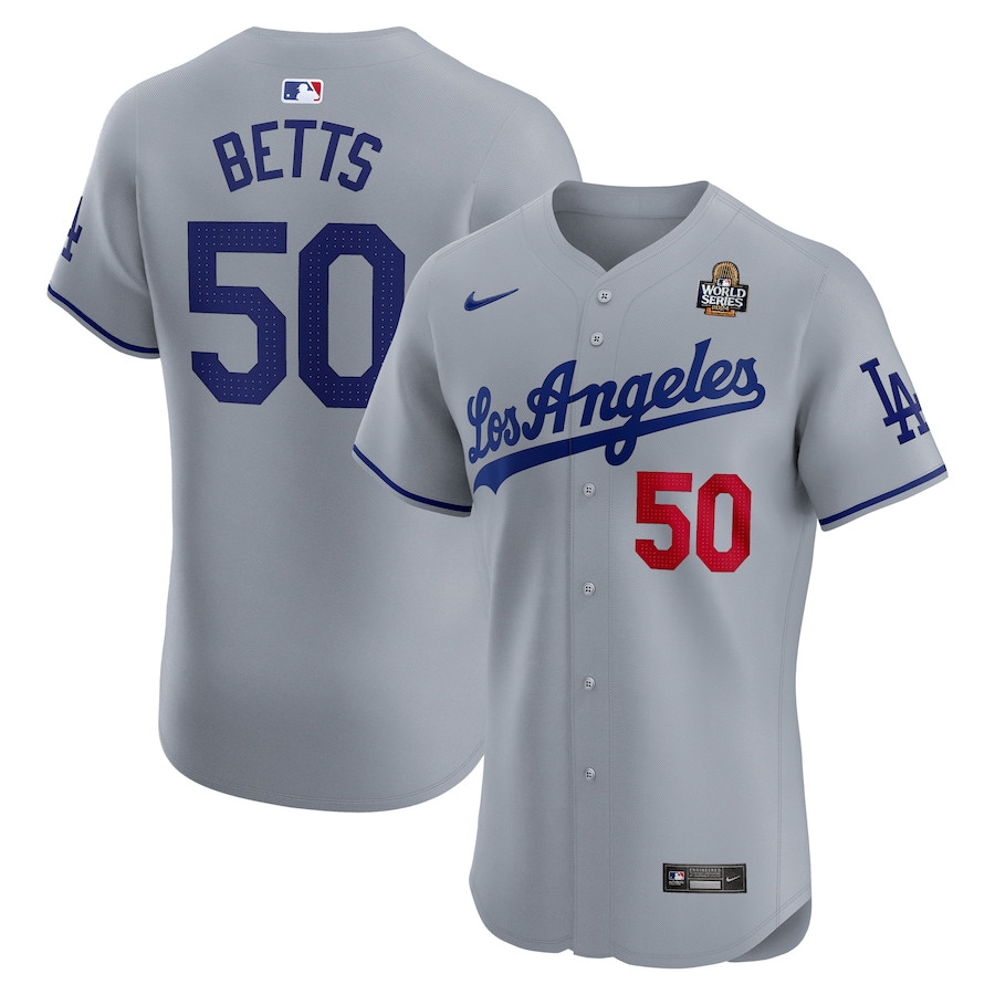Mookie Betts 50 Los Angeles Dodgers 2024 World Series Road Elite Player Gray MLB Jersey Men's