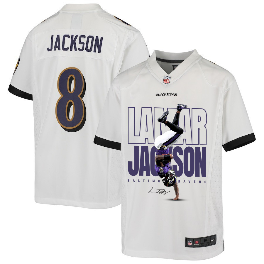 Lamar Jackson 8 Baltimore Ravens Lamar the Merrier Game White NFL Jersey Youth
