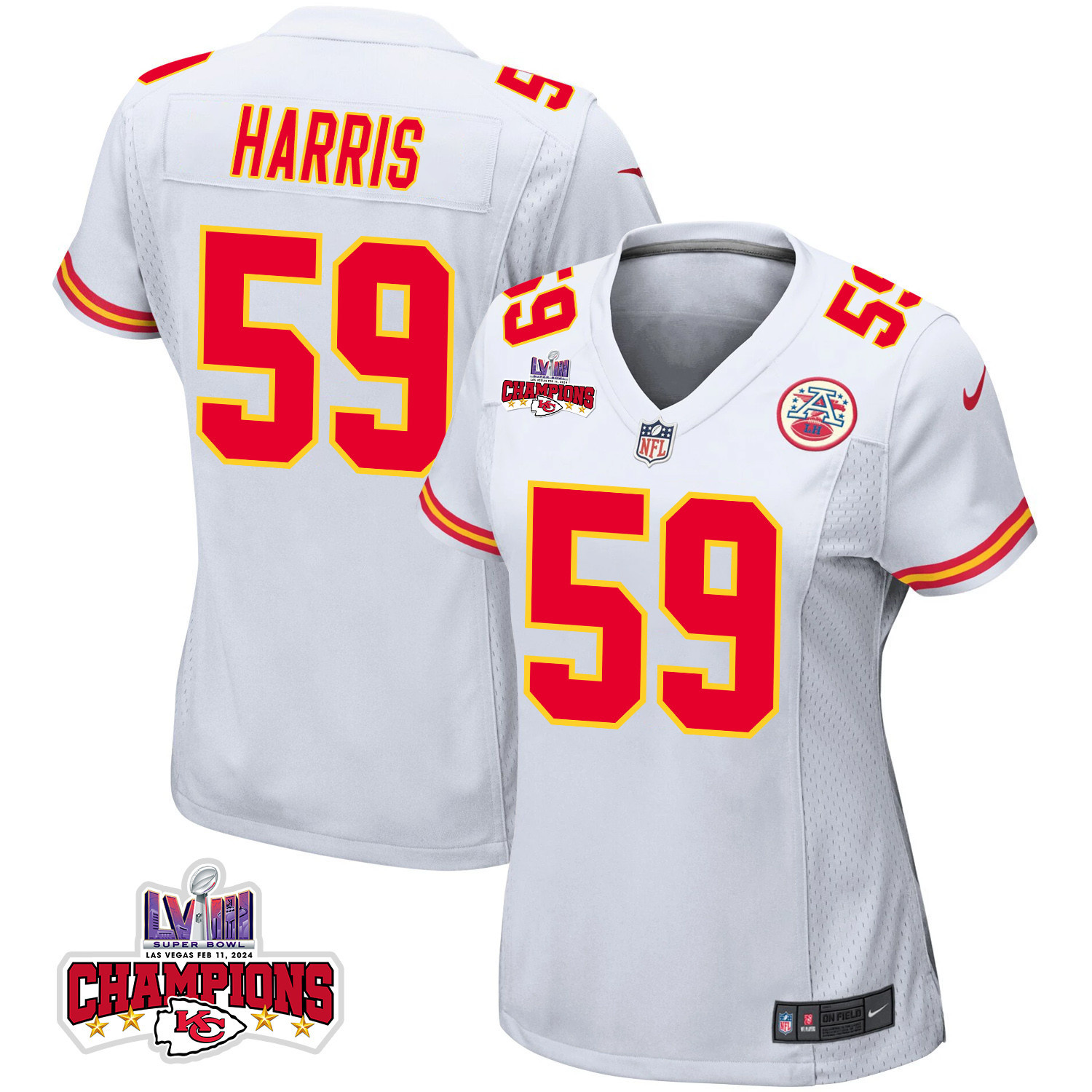 Darius Harris 59 Kansas City Chiefs Super Bowl LVIII Champions 4 Stars Patch Game White NFL Jersey Women's