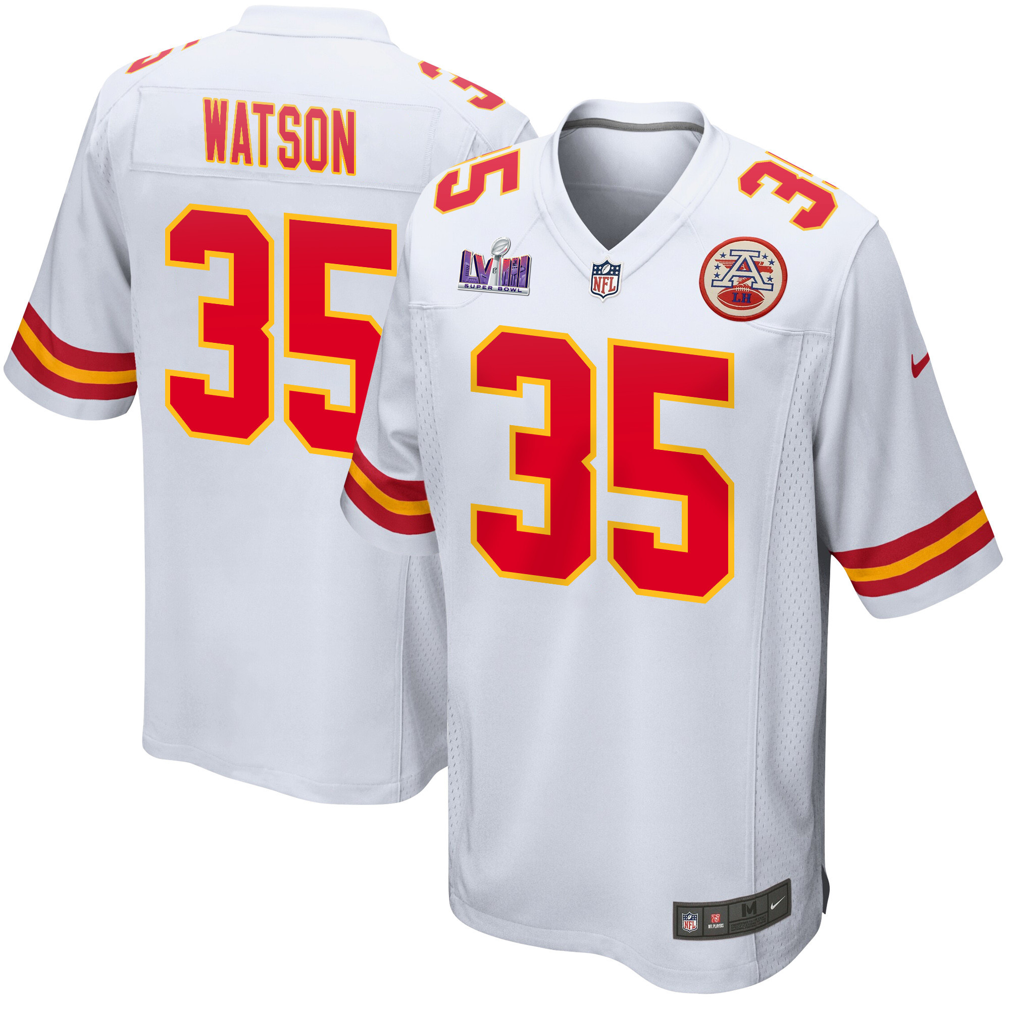 Jaylen Watson 35 Kansas City Chiefs Super Bowl LVIII Patch Game White NFL Jersey Men's