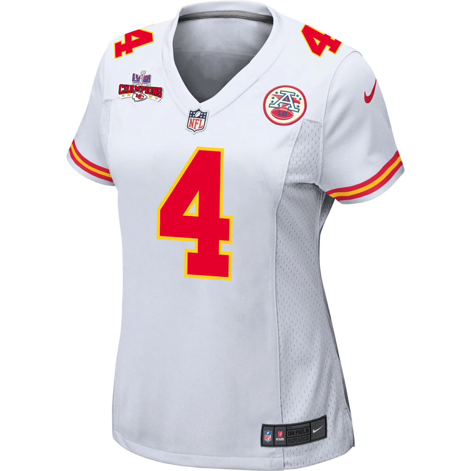 Rashee Rice 4 Kansas City Chiefs Super Bowl LVIII Champions 4 Stars Patch Game White NFL Jersey Women's