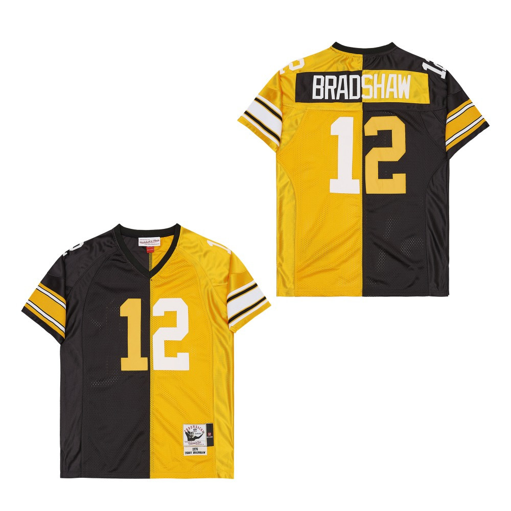 Terry Bradshaw 12 Pittsburgh Steelers Two-Toned Retro Throwback Black/Yellow NFL Jersey Men's
