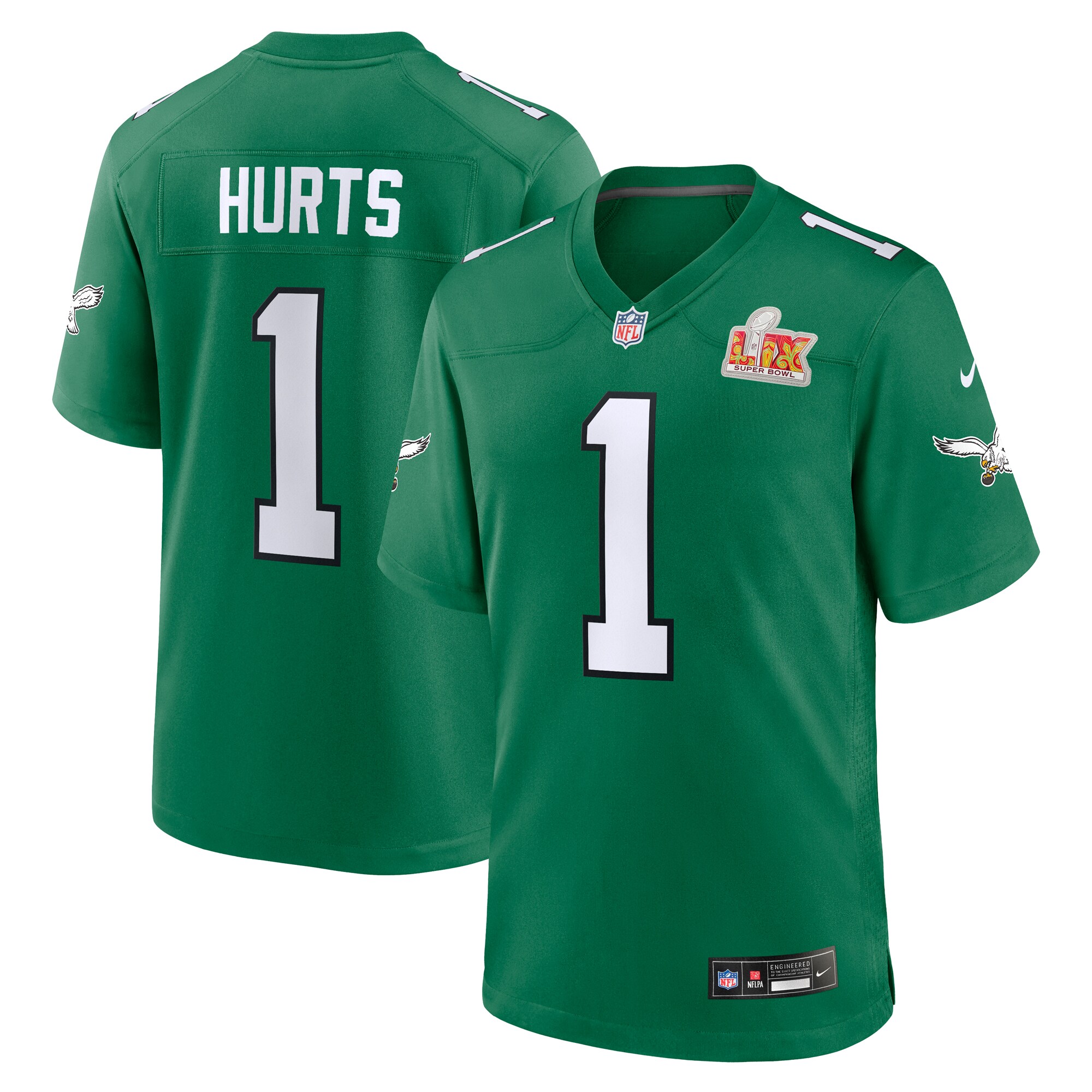 Philadelphia Eagles Jalen Hurts Kelly Green Super Bowl LIX 2nd Alternate Game NFL Jersey Men's