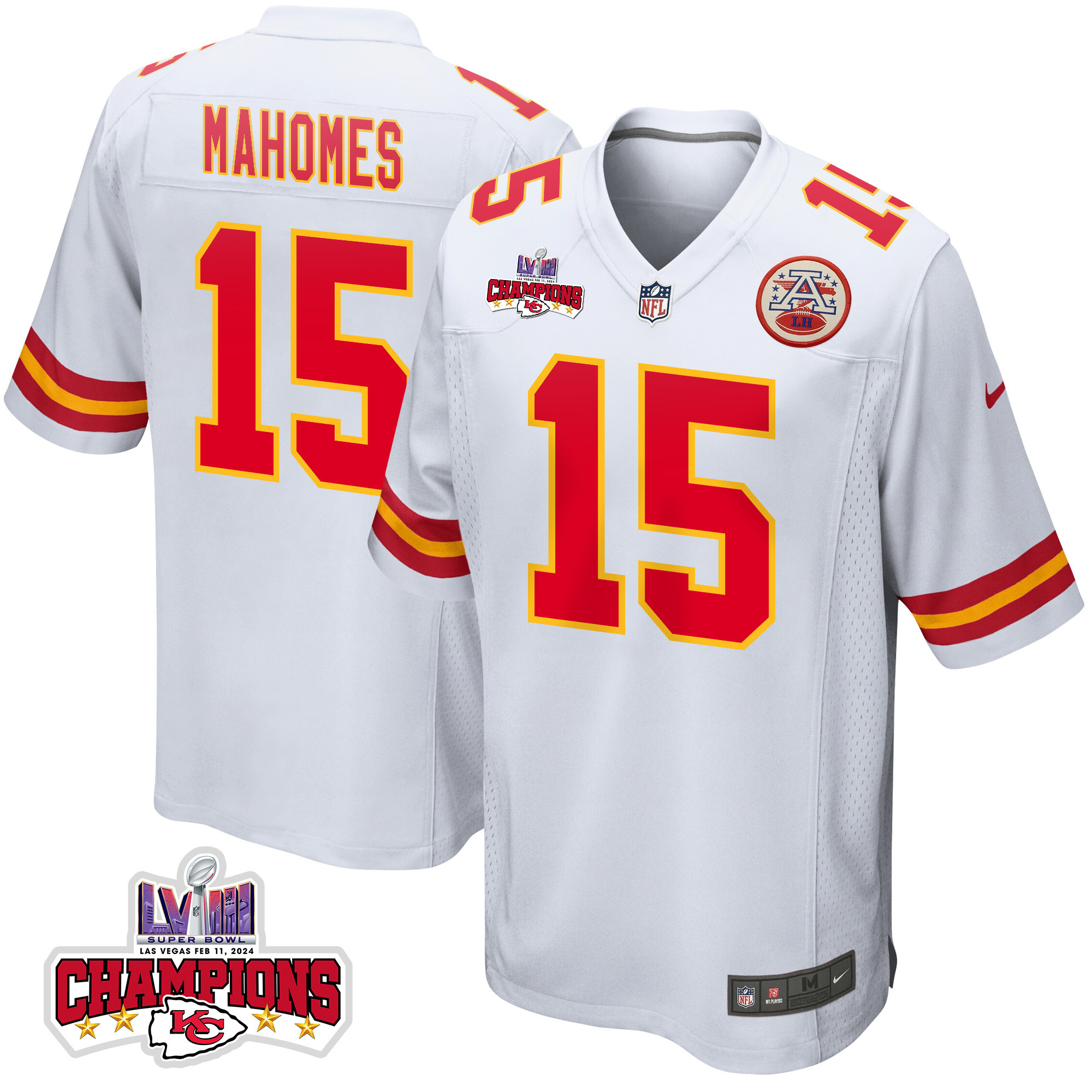 Patrick Mahomes 15 Kansas City Chiefs Super Bowl LVIII Champions 4 Stars Patch Game White NFL Jersey Men's