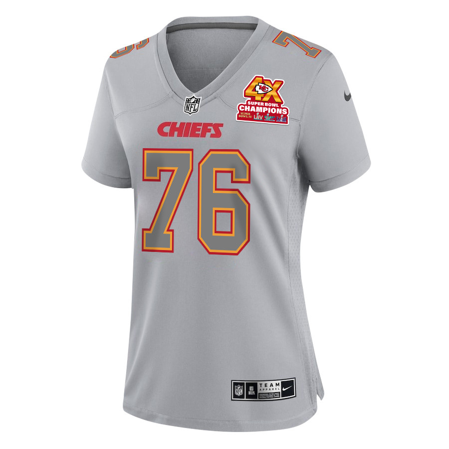 Prince Tega Wanogho 76 Kansas City Chiefs Super Bowl LVIII Champions 4X Atmosphere Fashion Game Gray NFL Jersey Women's