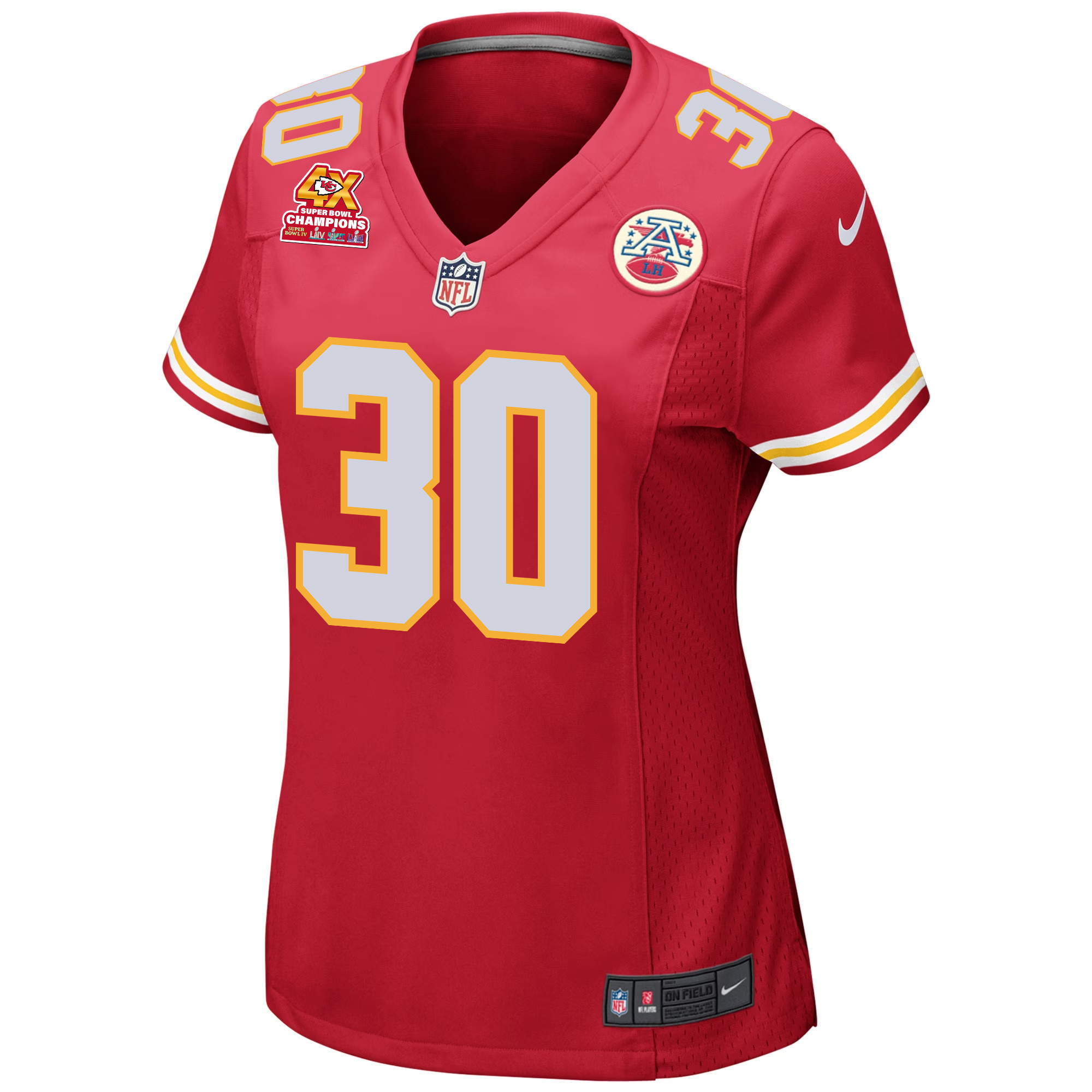 Keaontay Ingram 30 Kansas City Chiefs Super Bowl LVIII Champions 4X Game Red NFL Jersey Women's