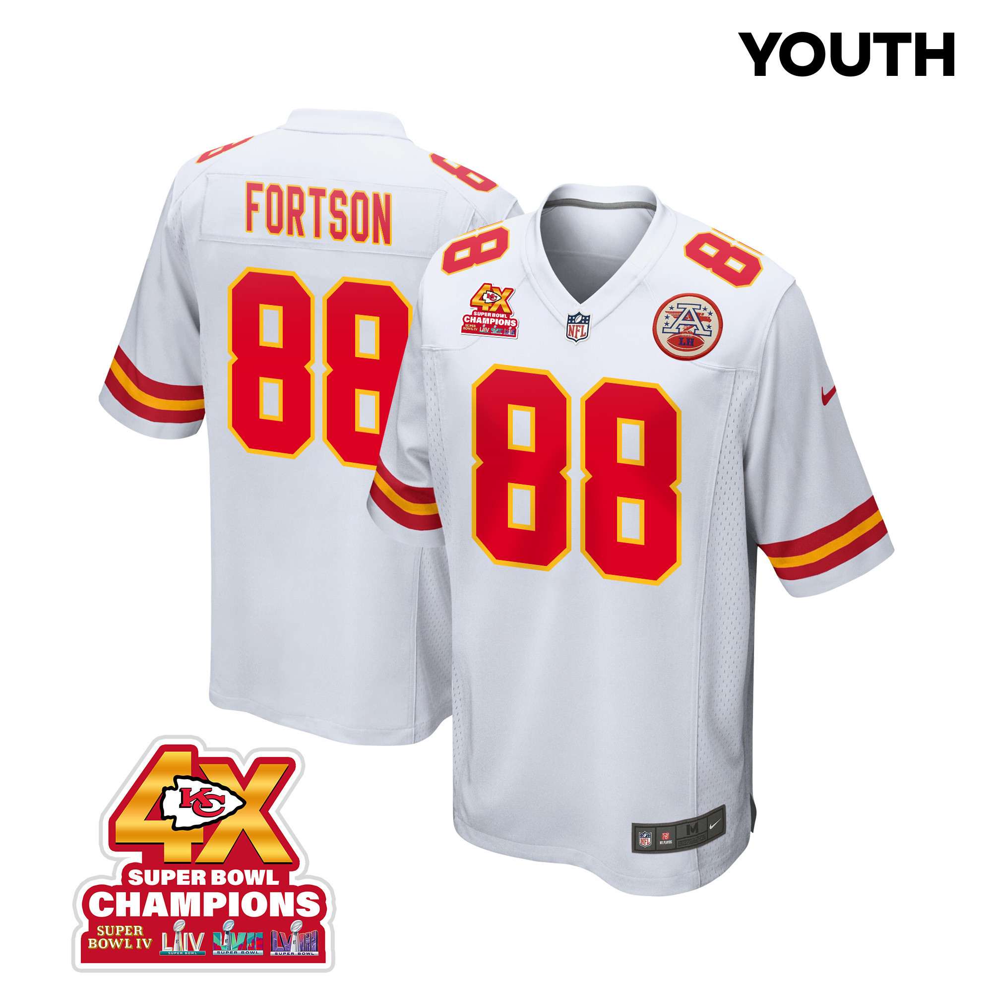 Jody Fortson 88 Kansas City Chiefs Super Bowl LVIII Champions 4X Game White NFL Jersey Youth