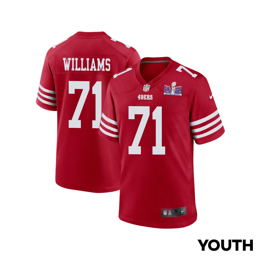 Trent Williams 71 San Francisco 49ers Super Bowl LVIII Patch Game Scarlet NFL Jersey Youth