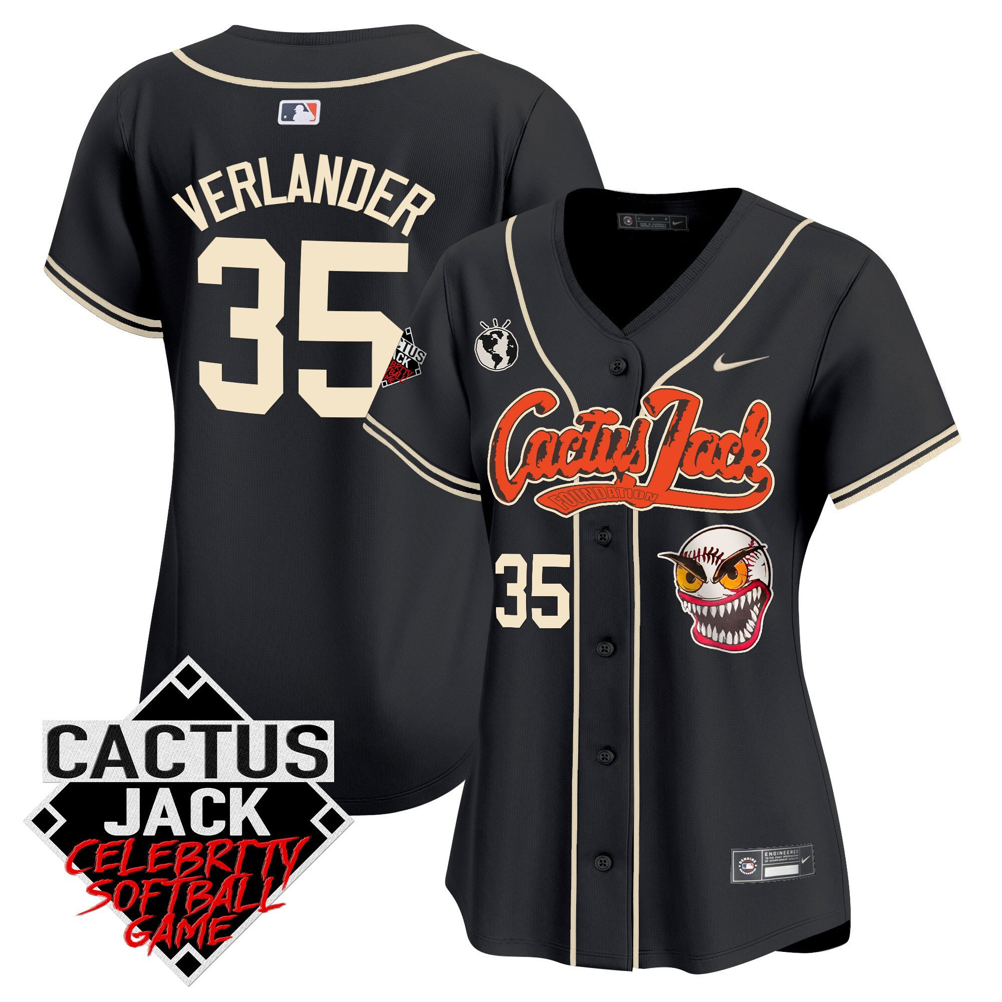 Justin Verlander 35 Houston Astros Cactus Jack Celebrity Softball Game Patch Black MLB Jersey Women's