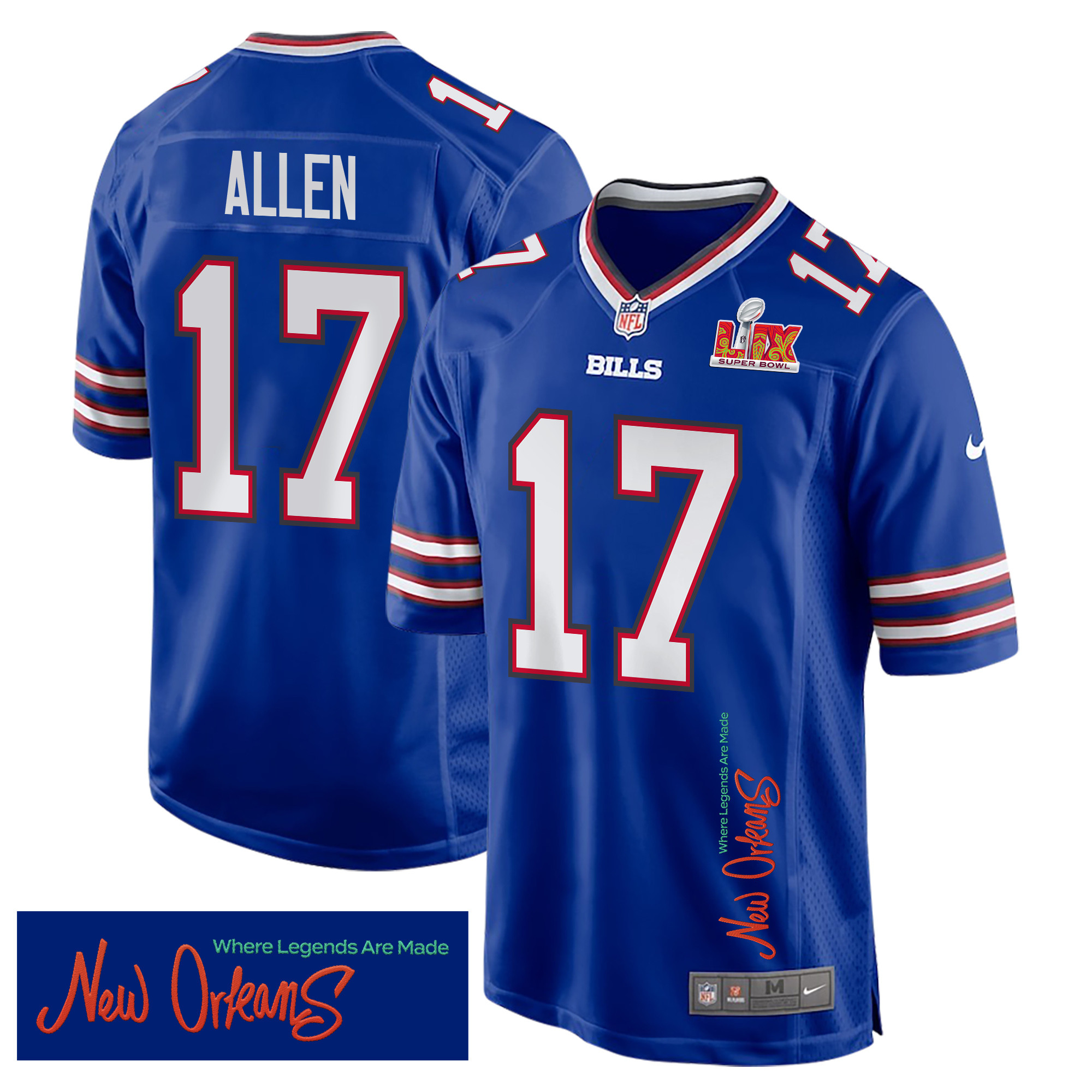 Josh Allen 17 Buffalo Bills Super Bowl LIX New Orleans Where Legends Are Made' EMBROIDERED Game Royal NFL Jersey Men's