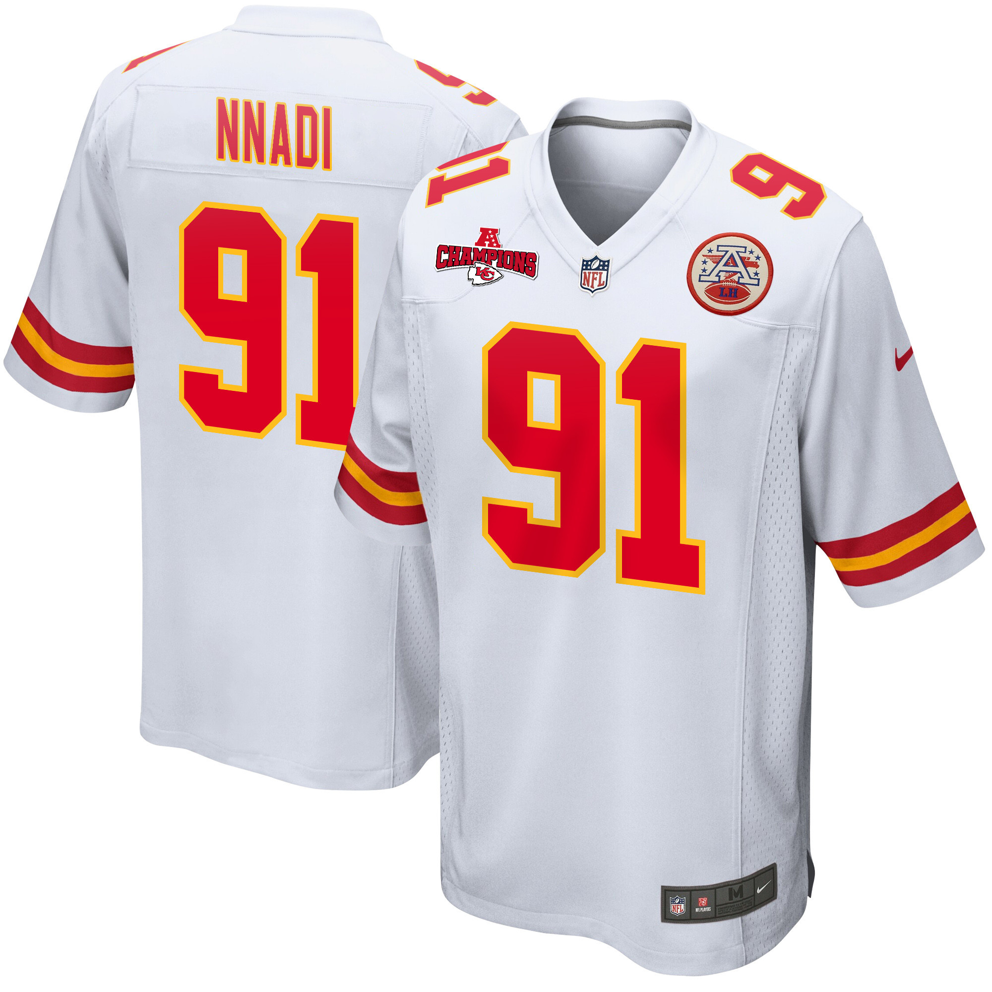 Derrick Nnadi 91 Kansas City Chiefs AFC Champions Patch Game White NFL Jersey Men's