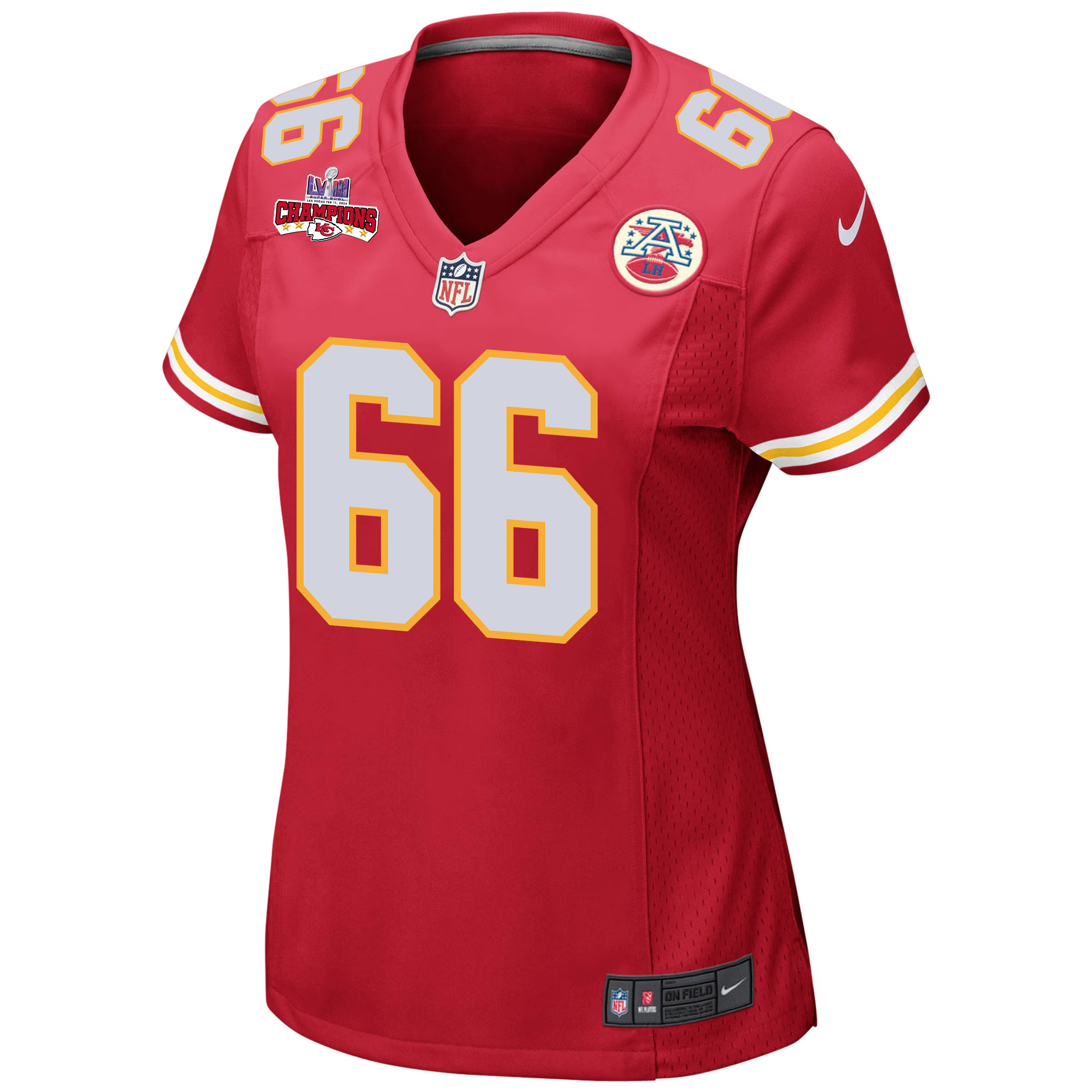 Mike Caliendo 66 Kansas City Chiefs Super Bowl LVIII Champions 4 Stars Patch Game Red NFL Jersey Women's