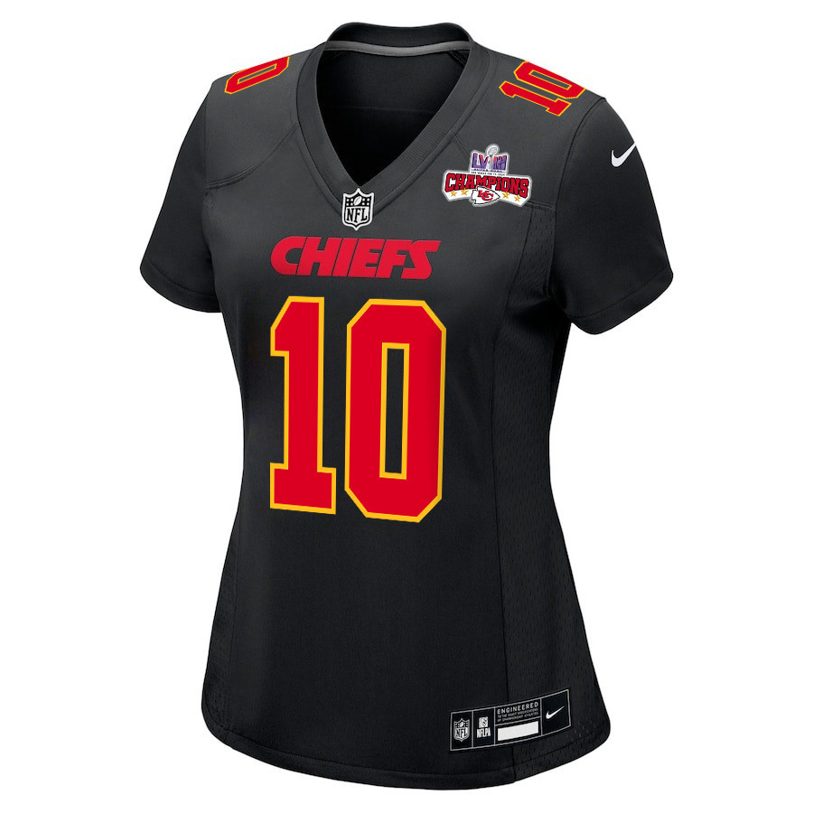 Isiah Pacheco 10 Kansas City Chiefs Super Bowl LVIII Champions 4 Stars Patch Fashion Game Carbon Black NFL Jersey Women's