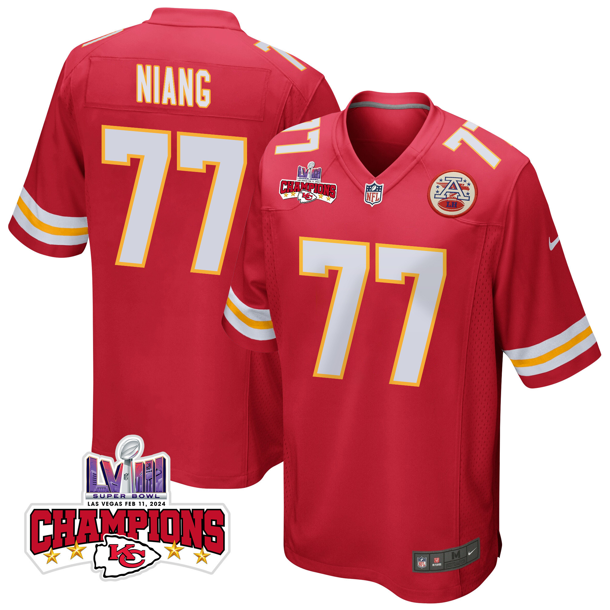 Lucas Niang 77 Kansas City Chiefs Super Bowl LVIII Champions 4 Stars Patch Game Red NFL Jersey Men's