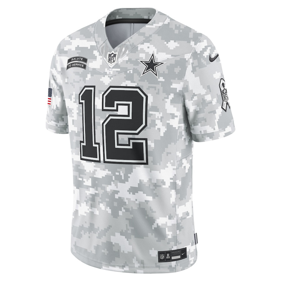Roger Staubach 12 Dallas Cowboys 2024 Salute to Service Retired Player Limited Arctic Camo NFL Jersey Men's