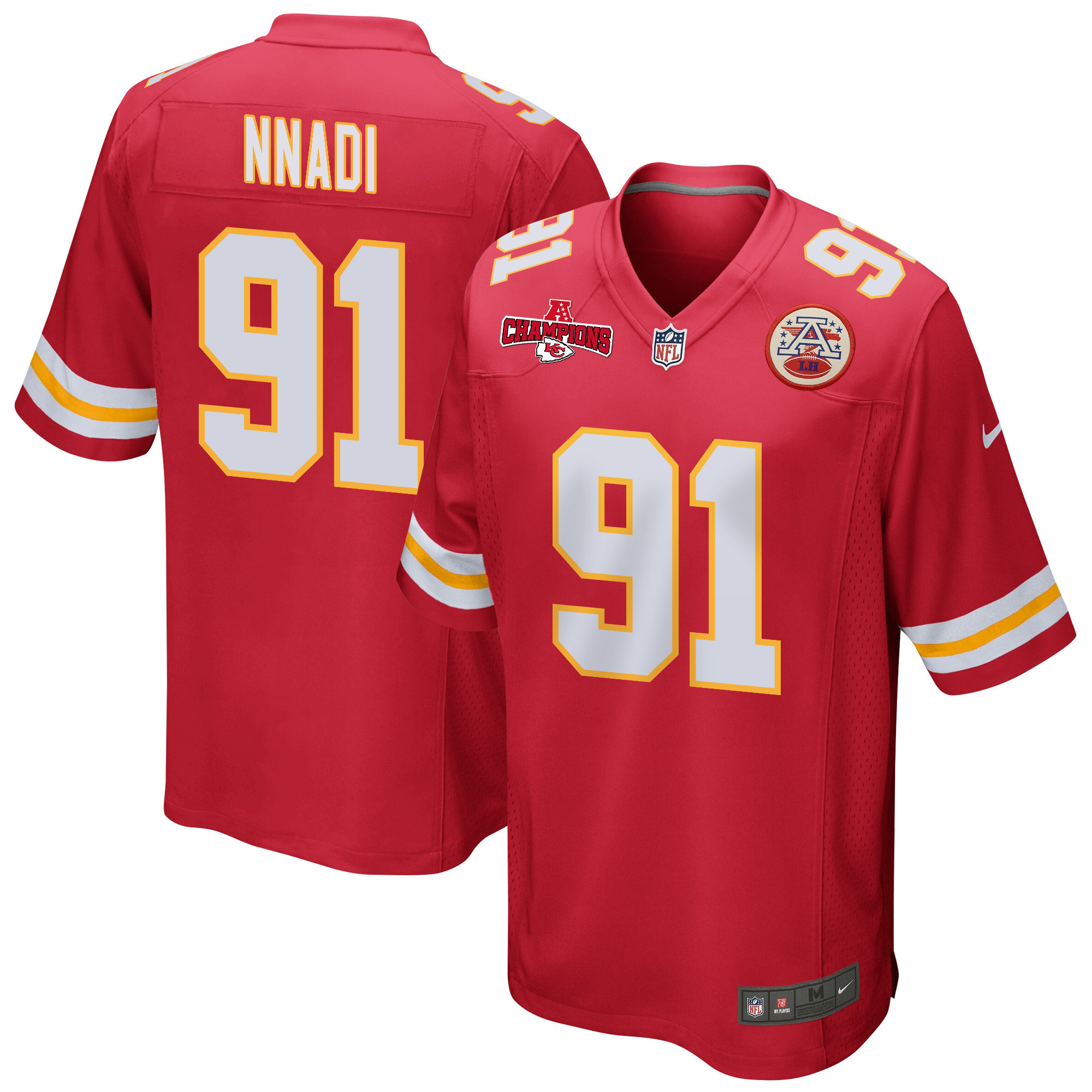 Derrick Nnadi 91 Kansas City Chiefs AFC Champions Patch Game Red NFL Jersey Men's
