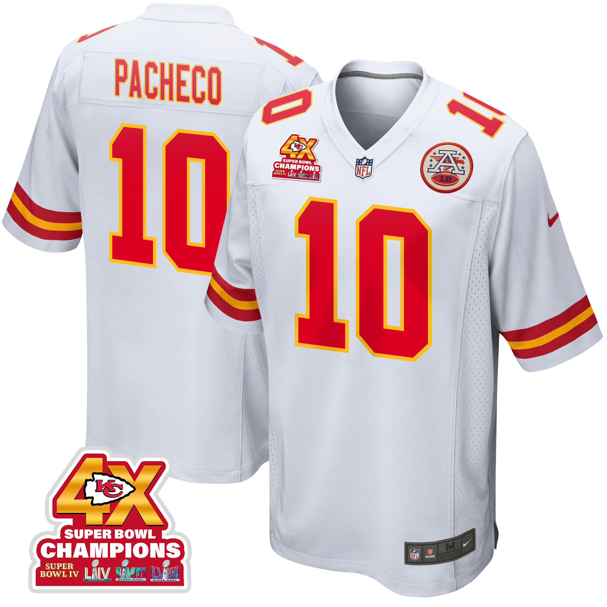 Isiah Pacheco 10 Kansas City Chiefs Super Bowl LVIII Champions 4X Game White NFL Jersey Men's