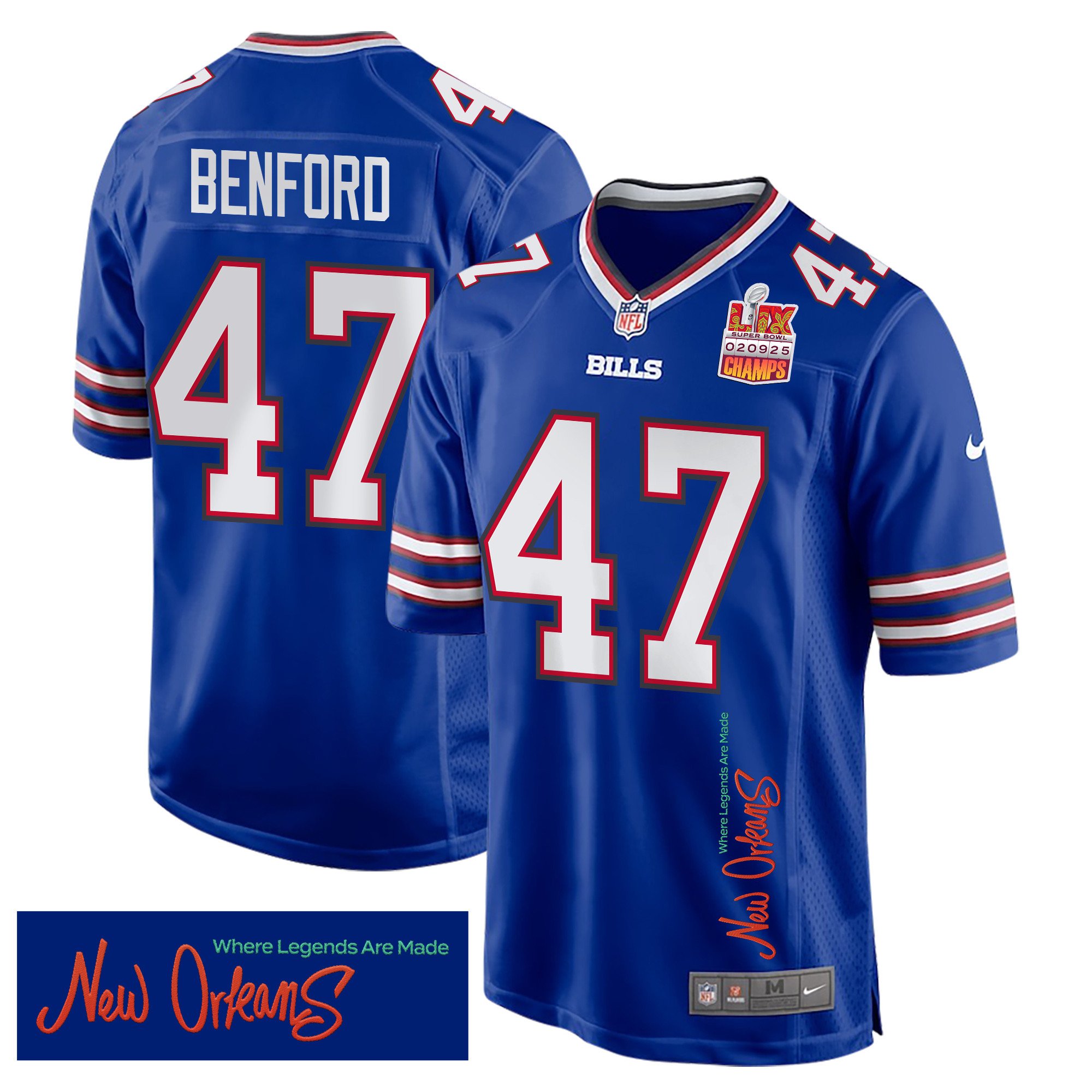Christian Benford 47 Buffalo Bills Super Bowl LIX Champions Patch New Orleans Where Legends Are Made' EMBROIDERED Game Royal NFL Jersey Men's