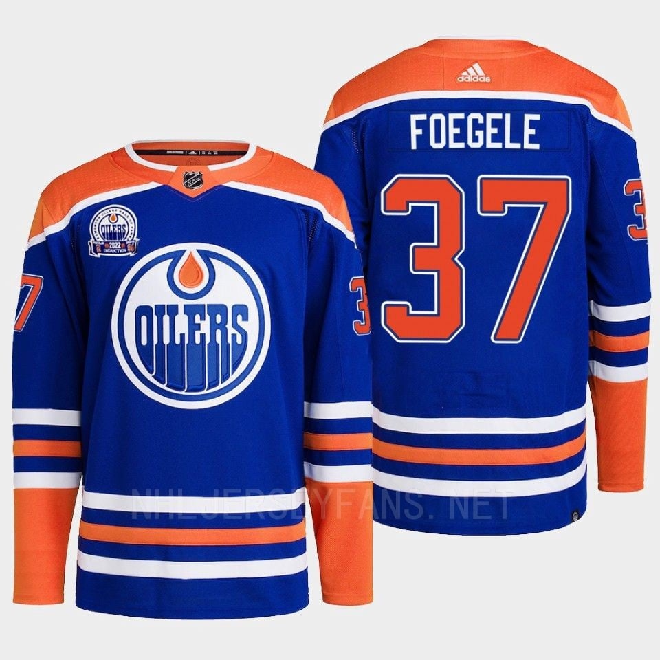 Edmonton Oilers Warren Foegele 37 Royal Primegreen Lee Ryan Hall Of Fame Patch 2022 NHL Jersey Men's