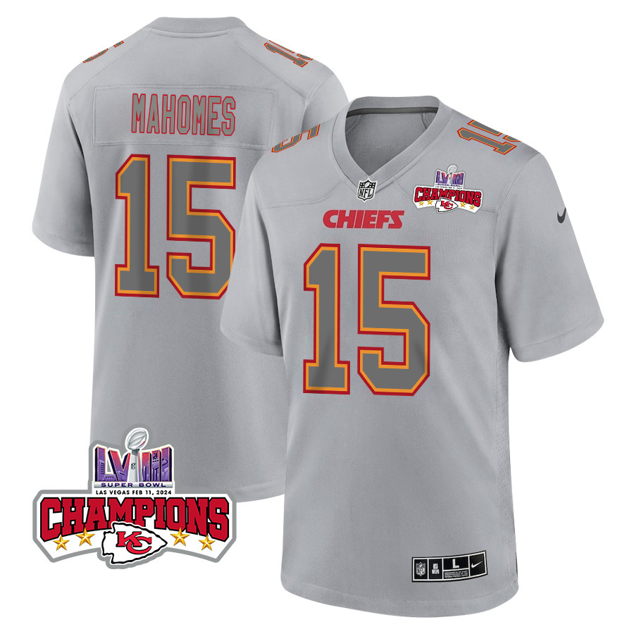 Patrick Mahomes 15 Kansas City Chiefs Super Bowl LVIII Champions 4 Stars Patch Atmosphere Fashion Game Gray NFL Jersey Men's