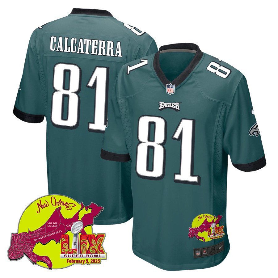 Grant Calcaterra 81 Philadelphia Eagles Super Bowl LIX New Orleans Patch Game Midnight Green NFL Jersey Men's