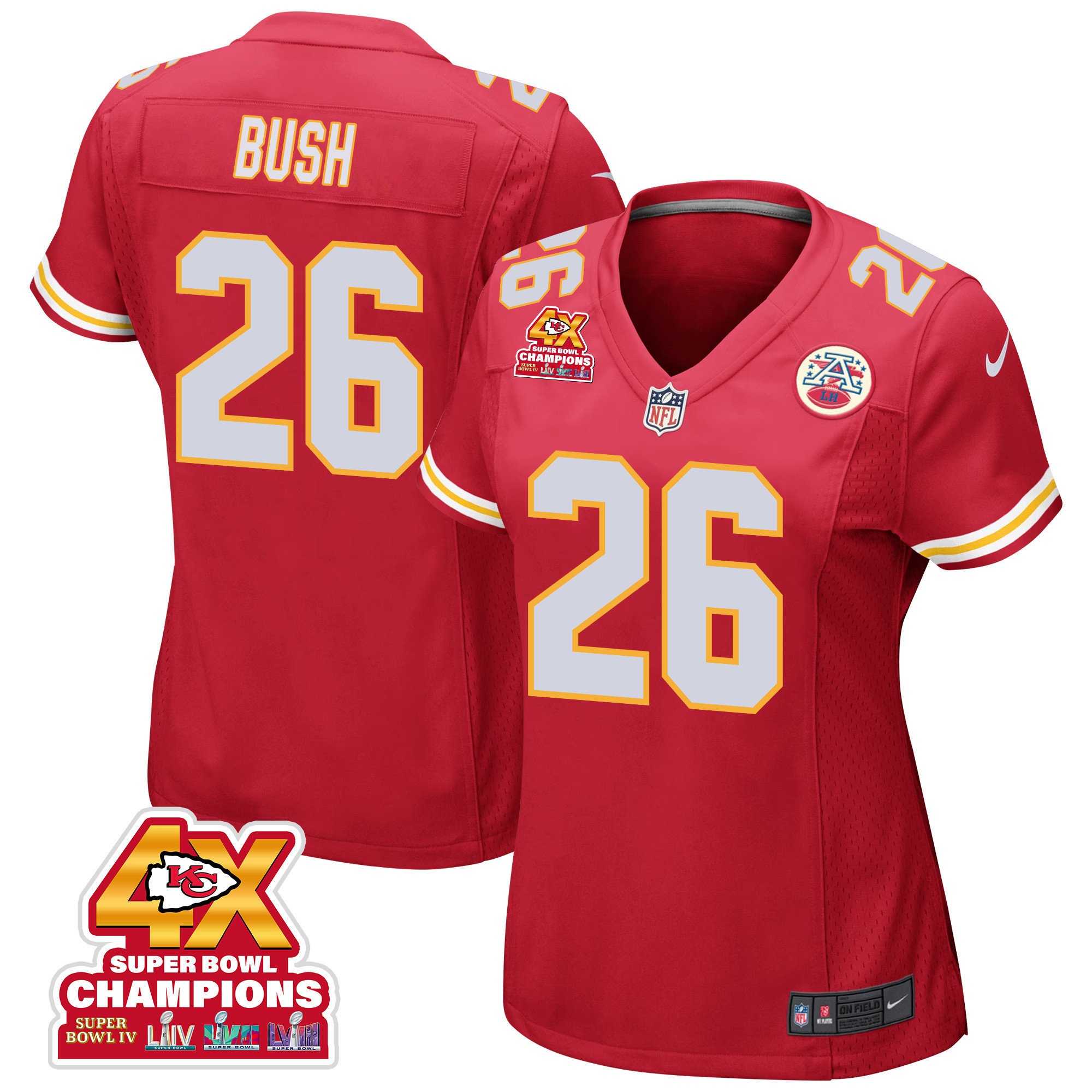 Deon Bush 26 Kansas City Chiefs Super Bowl LVIII Champions 4X Game Red NFL Jersey Women's