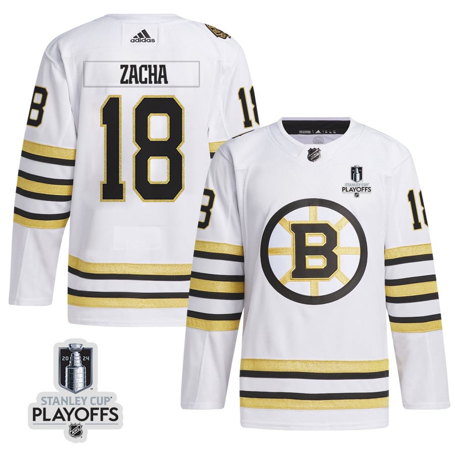 Pavel Zacha 18 Boston Bruins 2024 Playoffs Patch Away White NHL Jersey Men's