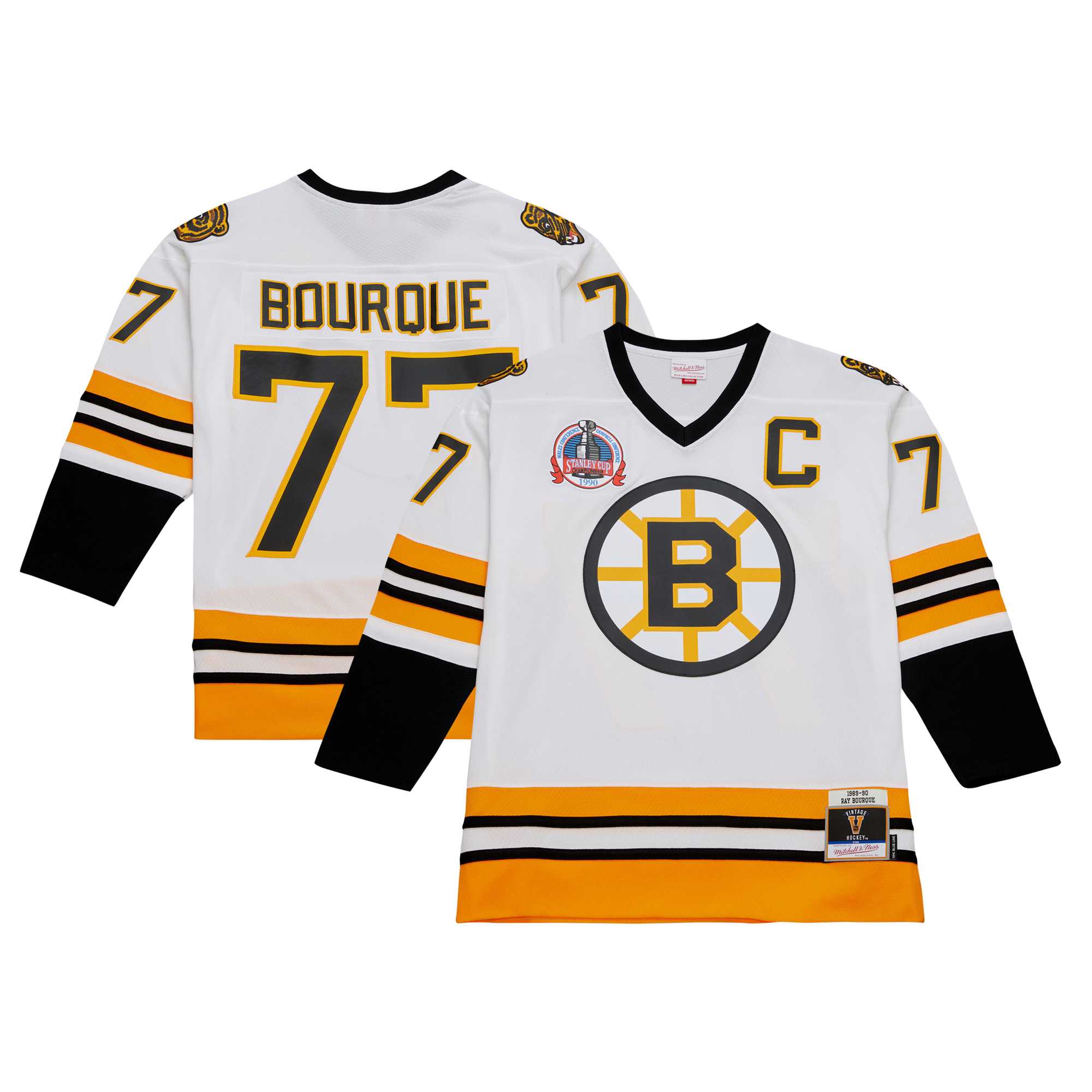 Boston Bruins Ray Bourque Mitchell Ness White Captain Patch 1989/90 Blue Line Player NHL Jersey Men's