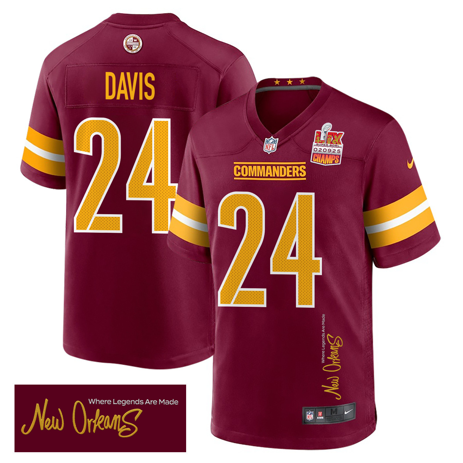 Michael Davis 24 Washington Commanders Super Bowl LIX Champions Patch New Orleans Where Legends Are Made' EMBROIDERED Game Burgundy NFL Jersey Men's