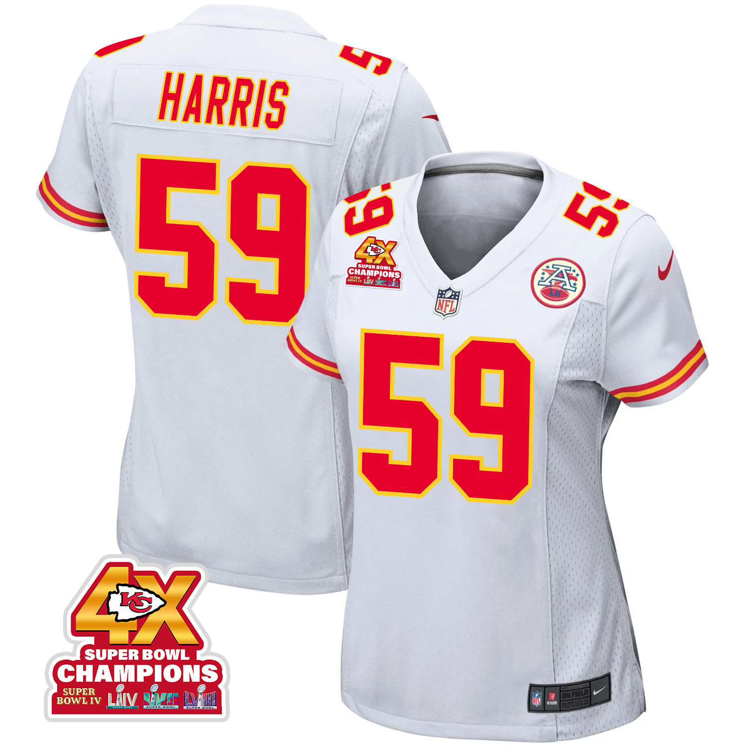 Darius Harris 59 Kansas City Chiefs Super Bowl LVIII Champions 4X Game White NFL Jersey Women's