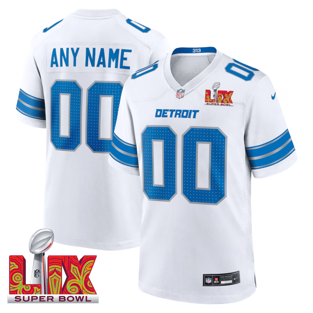Detroit Lions Super Bowl LIX Patch Game Custom White NFL Jersey Men's