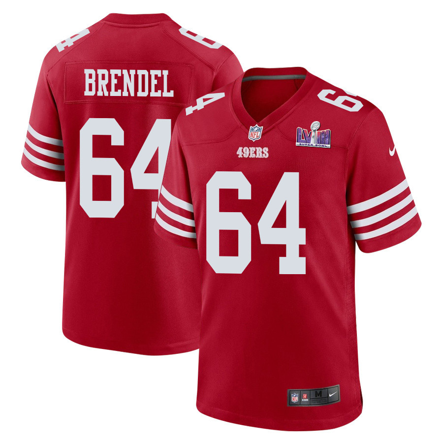 Jake Brendel 64 San Francisco 49ers Super Bowl LVIII Patch Game Scarlet NFL Jersey Men's