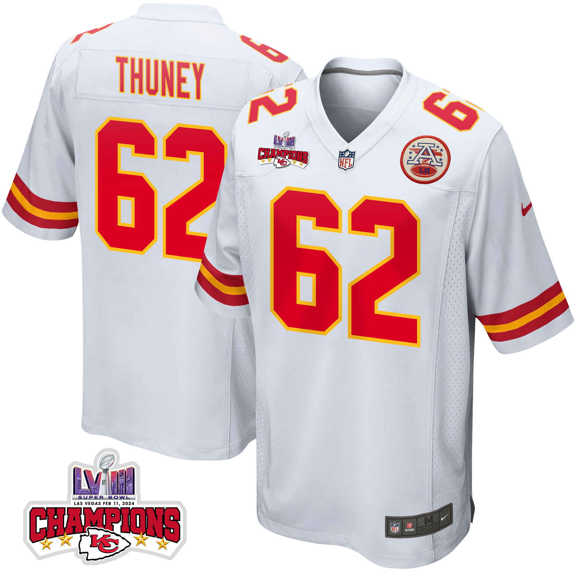 Joe Thuney 62 Kansas City Chiefs Super Bowl LVIII Champions 4 Stars Patch Game White NFL Jersey Men's