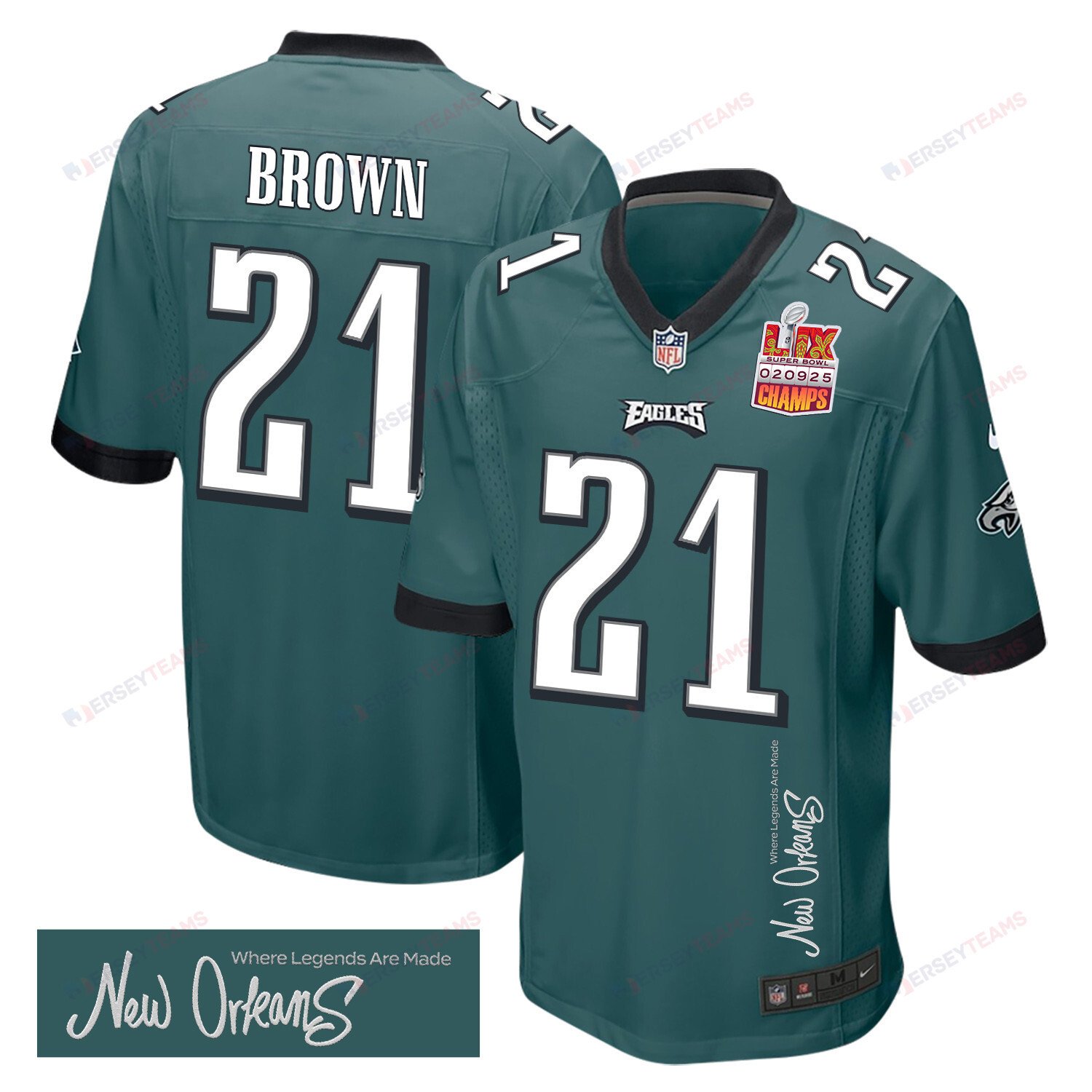 Sydney Brown 21 Philadelphia Eagles Super Bowl LIX Champions Patch New Orleans Where Legends Are Made' EMBROIDERED Game Midnight Green NFL Jersey Men's