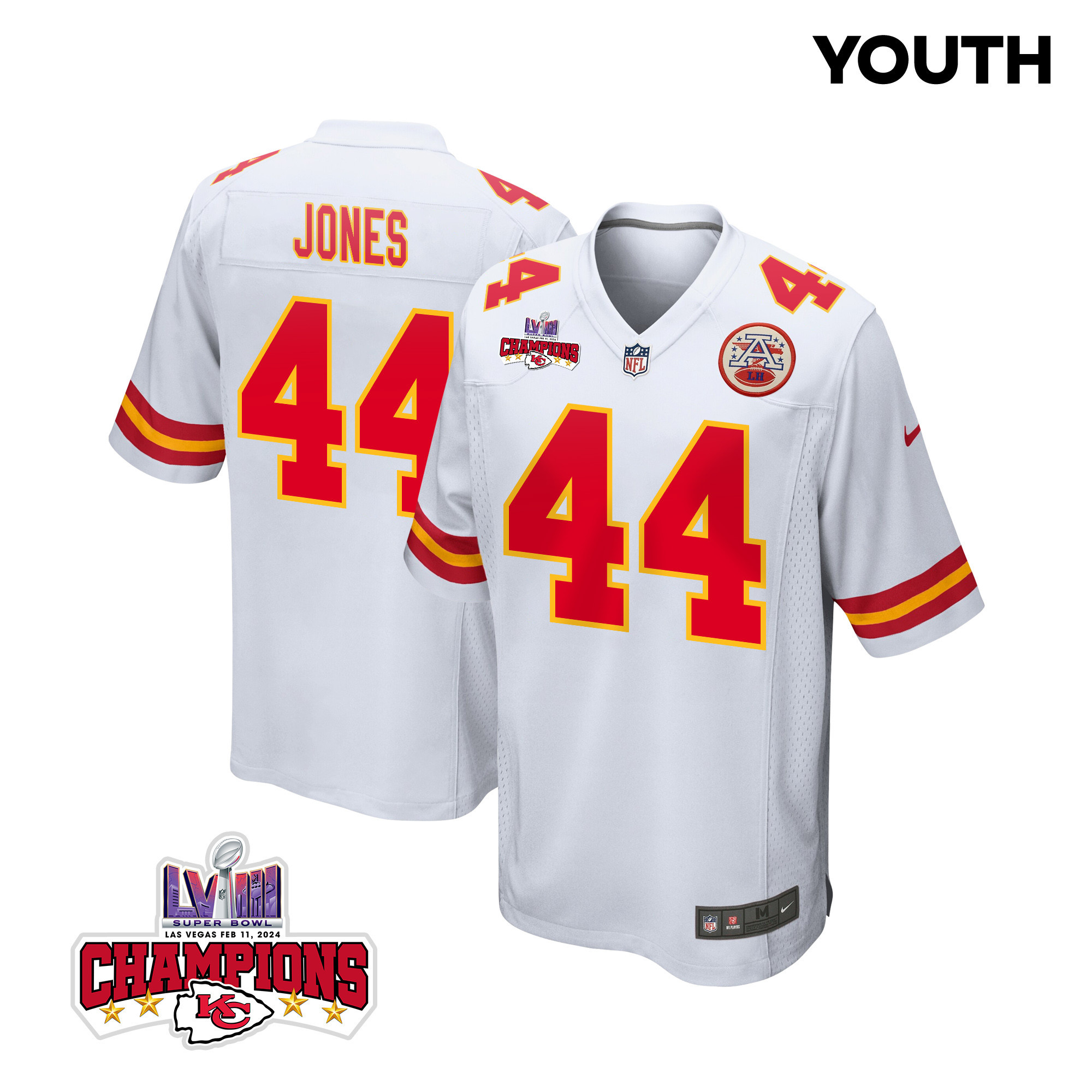 Cam Jones 44 Kansas City Chiefs Super Bowl LVIII Champions 4 Stars Patch Game White NFL Jersey Youth