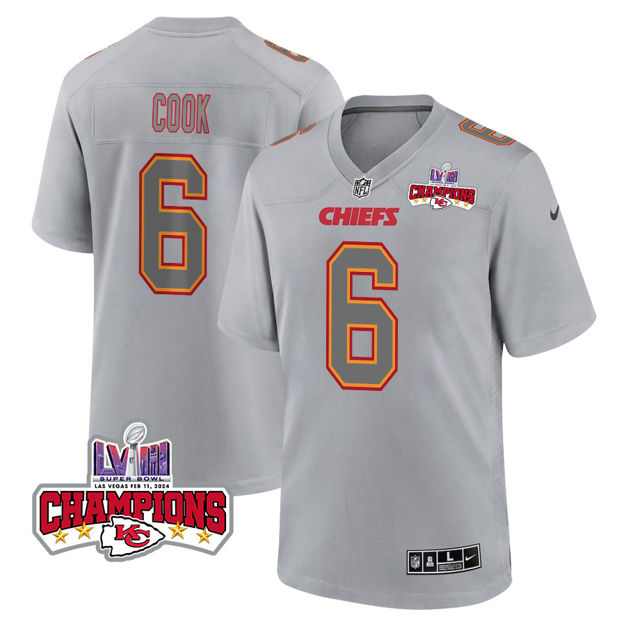 Bryan Cook 6 Kansas City Chiefs Super Bowl LVIII Champions 4 Stars Patch Atmosphere Fashion Game Gray NFL Jersey Men's